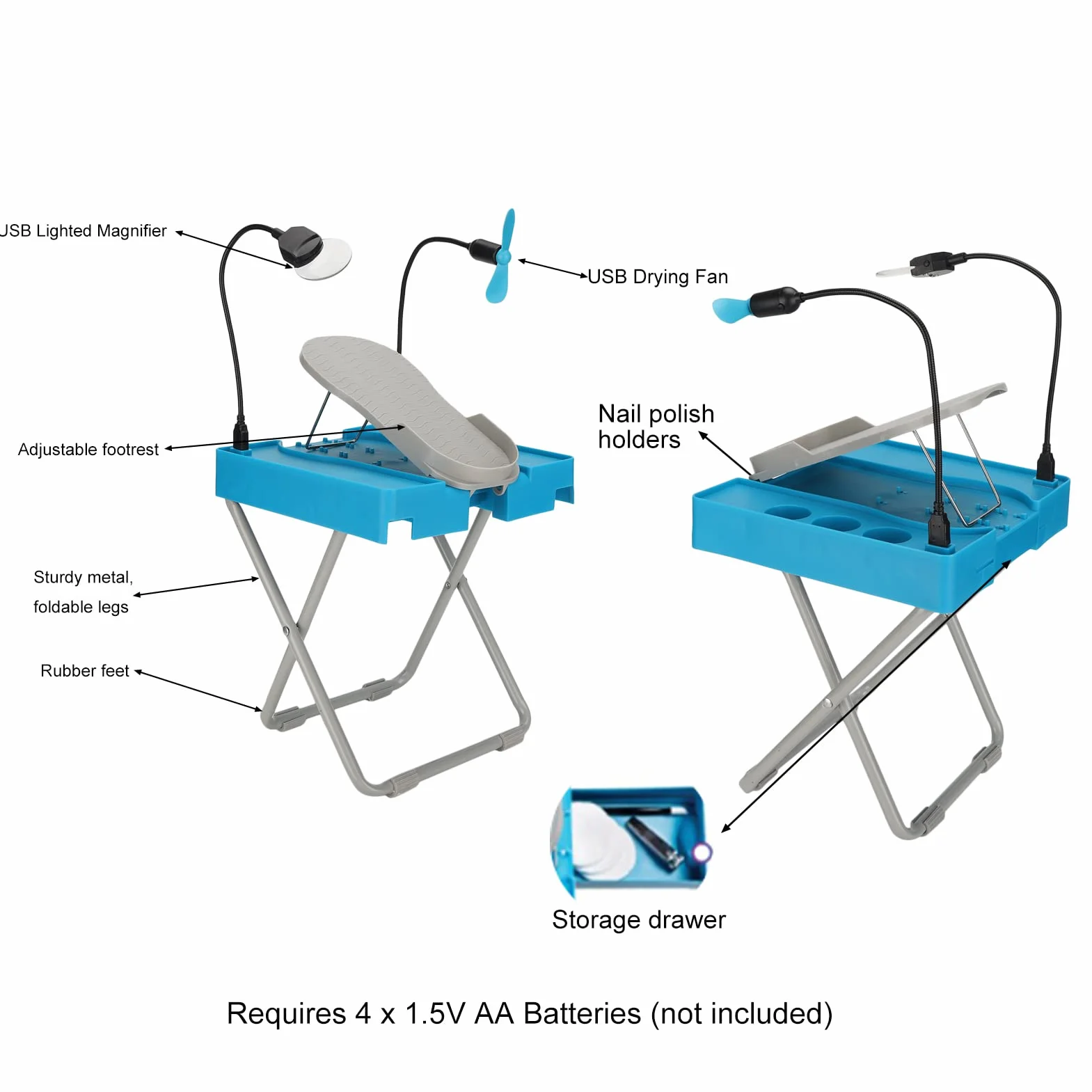 Brrnoo Accessori per Pedicure per Unghie, Set di Poggiapiedi per Pedicure Pieghevoli Regolabili in Altezza con Ventola per Asciugatura di Lenti d'Ingrandimento, Piedini per Pedicure Portatili Stabili
