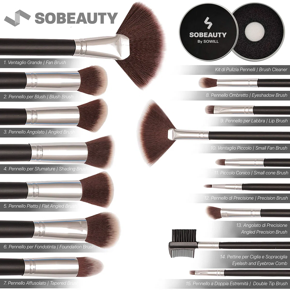 SOBEAUTY by SOWILL set 15 pennelli trucco professionale make up setole vegan maquillage sfumature occhi viso pennello fondotinta ombretti eyeliner face brush set elegante scatola