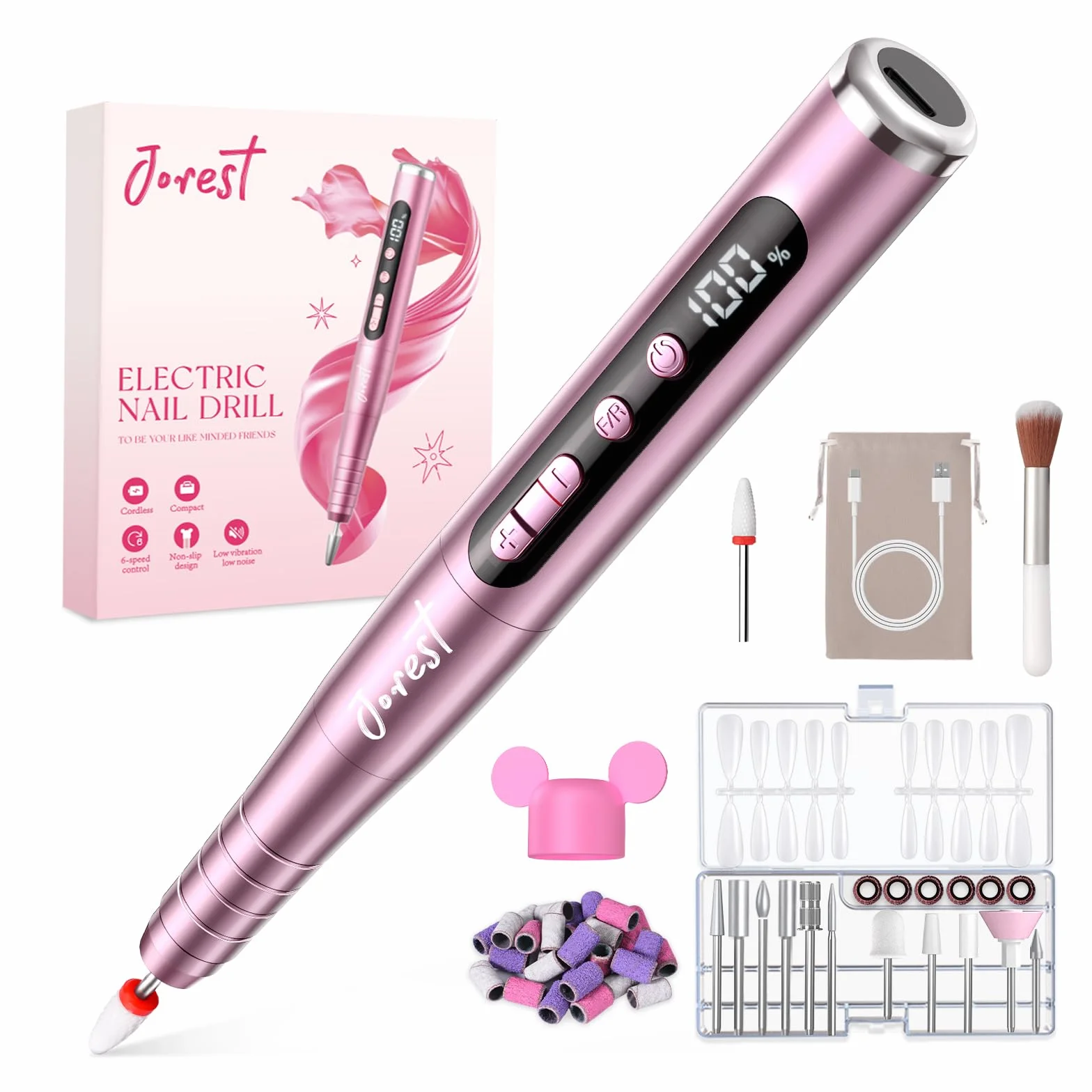 JOREST Fresa per Unghie, Lima Unghie Elettrico Portatile 13 in 1, Pedicure Elettrica Professionale Piedi, 35000 giri/min, 6 Velocità Regolabile,Set Manicure Girl Passione, Kit Ricostruzione Gel, Rosa