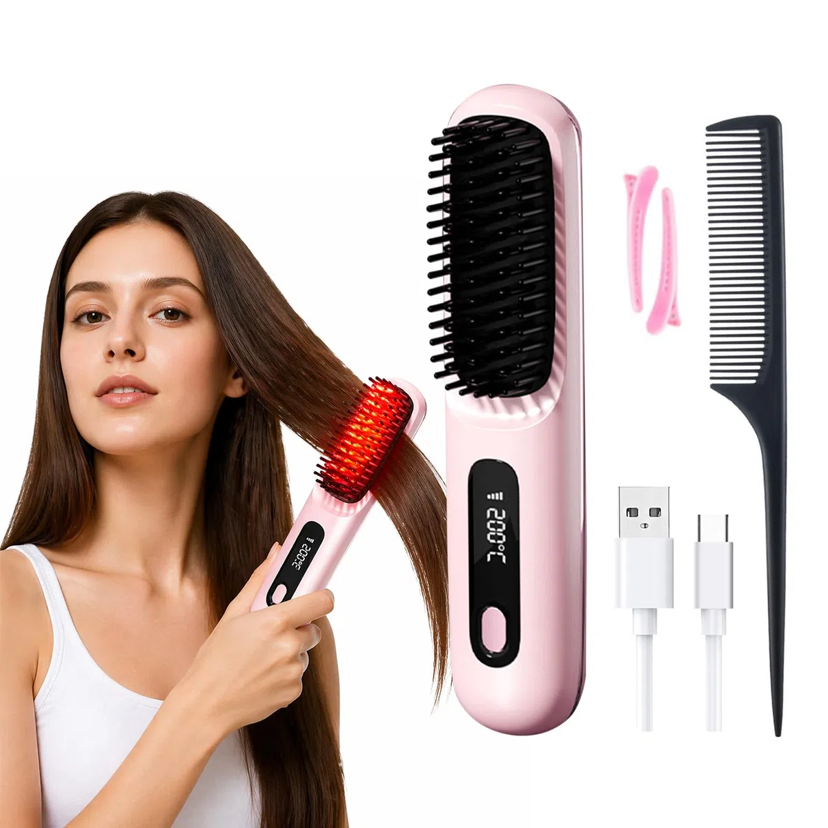 Spazzola Lisciante per Capelli 3 Temperature (160-180-200℃) Display LED Portatile Spazzola Lisciante Senza Fili per Capelli Corti Riscaldamento Rapido