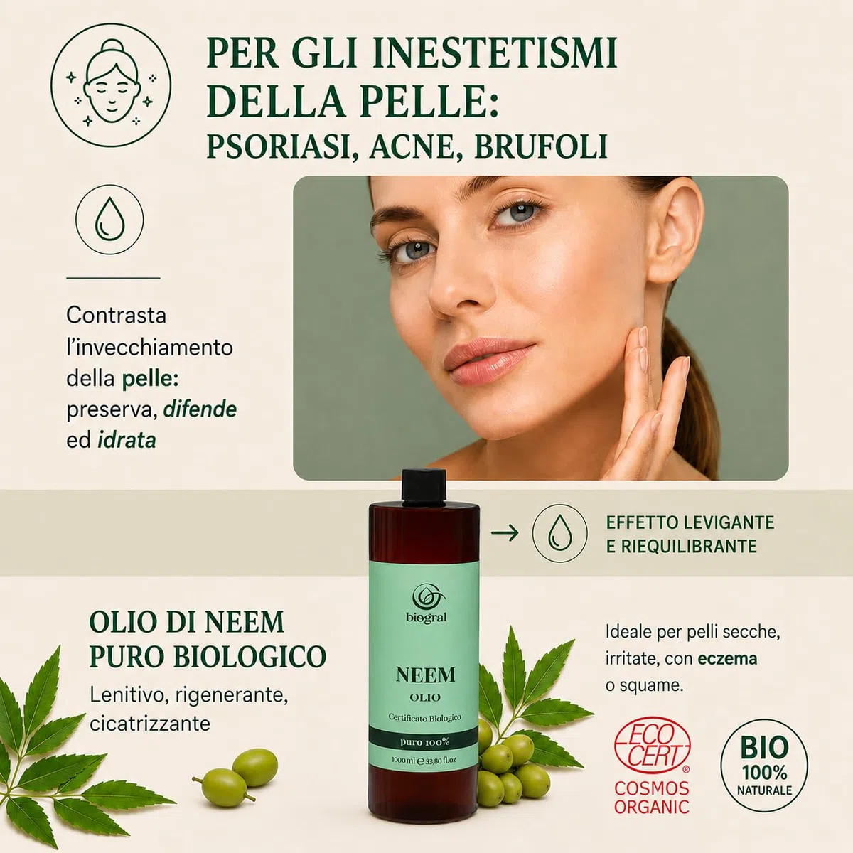 Olio di Neem per Persone 1 Litro per Pelle, Capelli e Unghie Olio di Neem Puro Spremuto a Freddo e Filtrato al Carbonio Certificato ECOCERT e BIOCERTITALIA Argan Italia