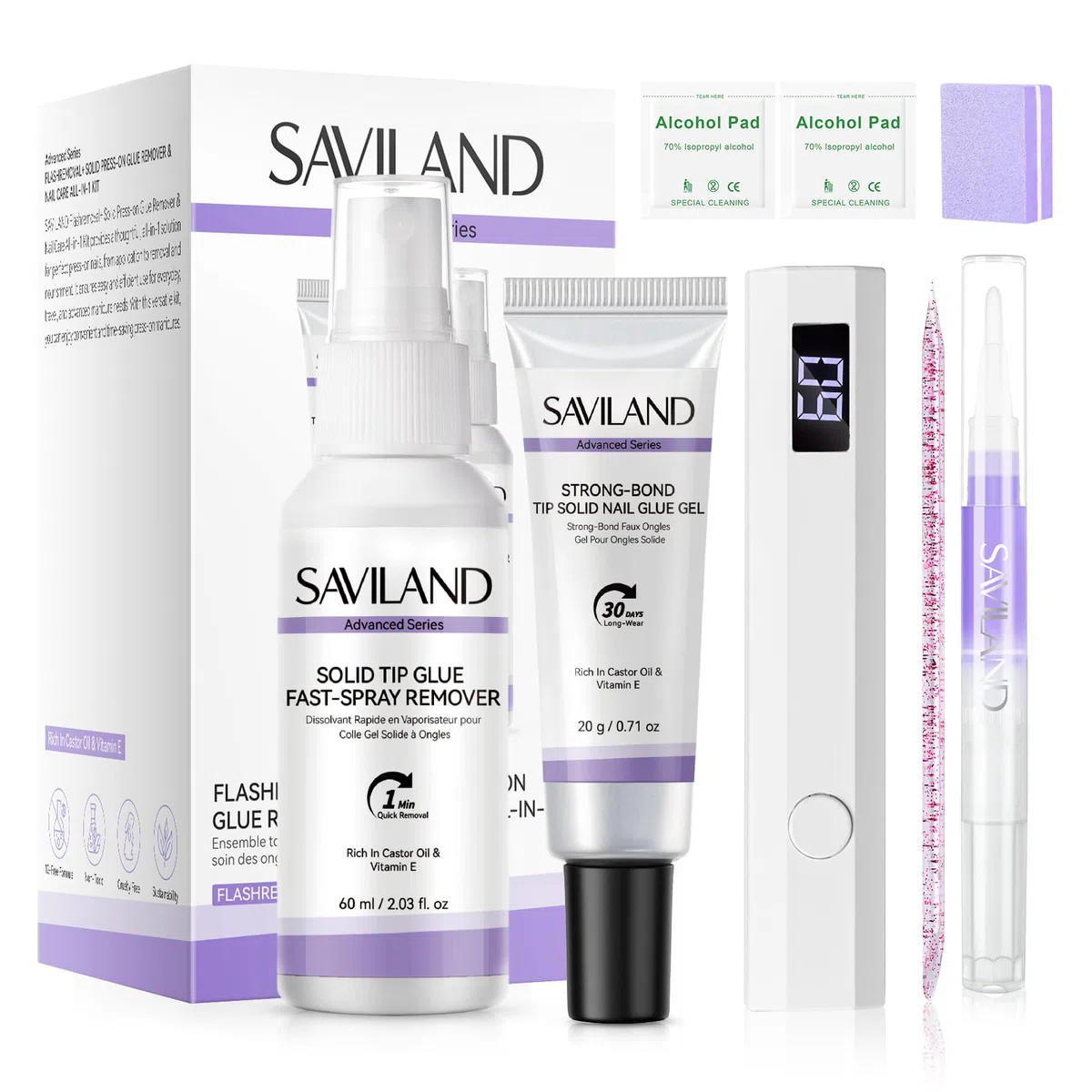 SAVILAND 2 in 1 Colla e Solvente in Gel Solido Kit, Colla per Unghie Finte Forte 30 Giorni, Mini Lampada UV, Press On Nail Glue Remover, Olio per Cuticole, Manicure Fai da Te da Salone