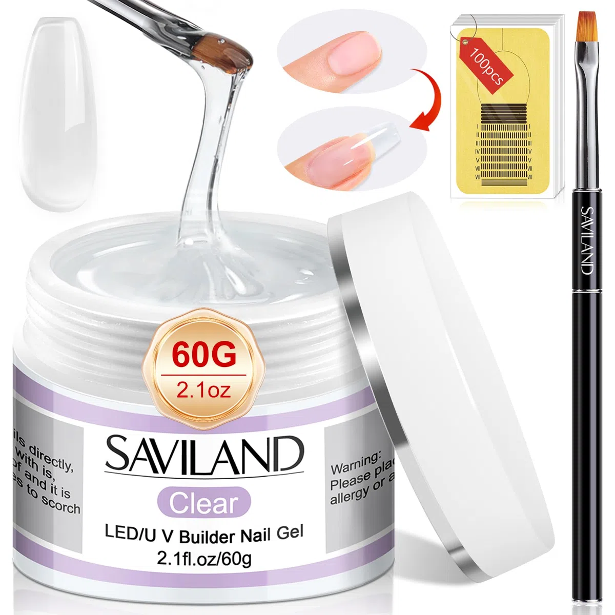 Saviland 60g Ricostruzione Unghie Gel, Builder Nail Gel per Extension, Restauro e Nail Art, Ricostruzione Unghie Kit con 100 Forme Unghie Finte e Pennello, Lunga Durata, Trasparente