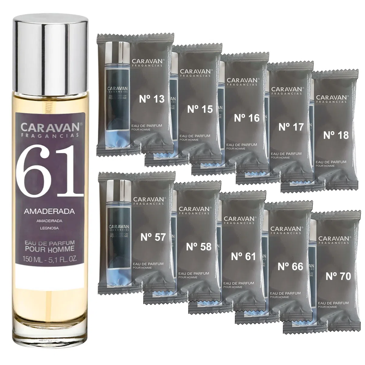 CARAVAN FRAGANCIAS Profumo da uomo n. 61 da 150 ml + set di 10 flaconcini di profumi maschili diversi da Caravan per svelare nuovi aromi