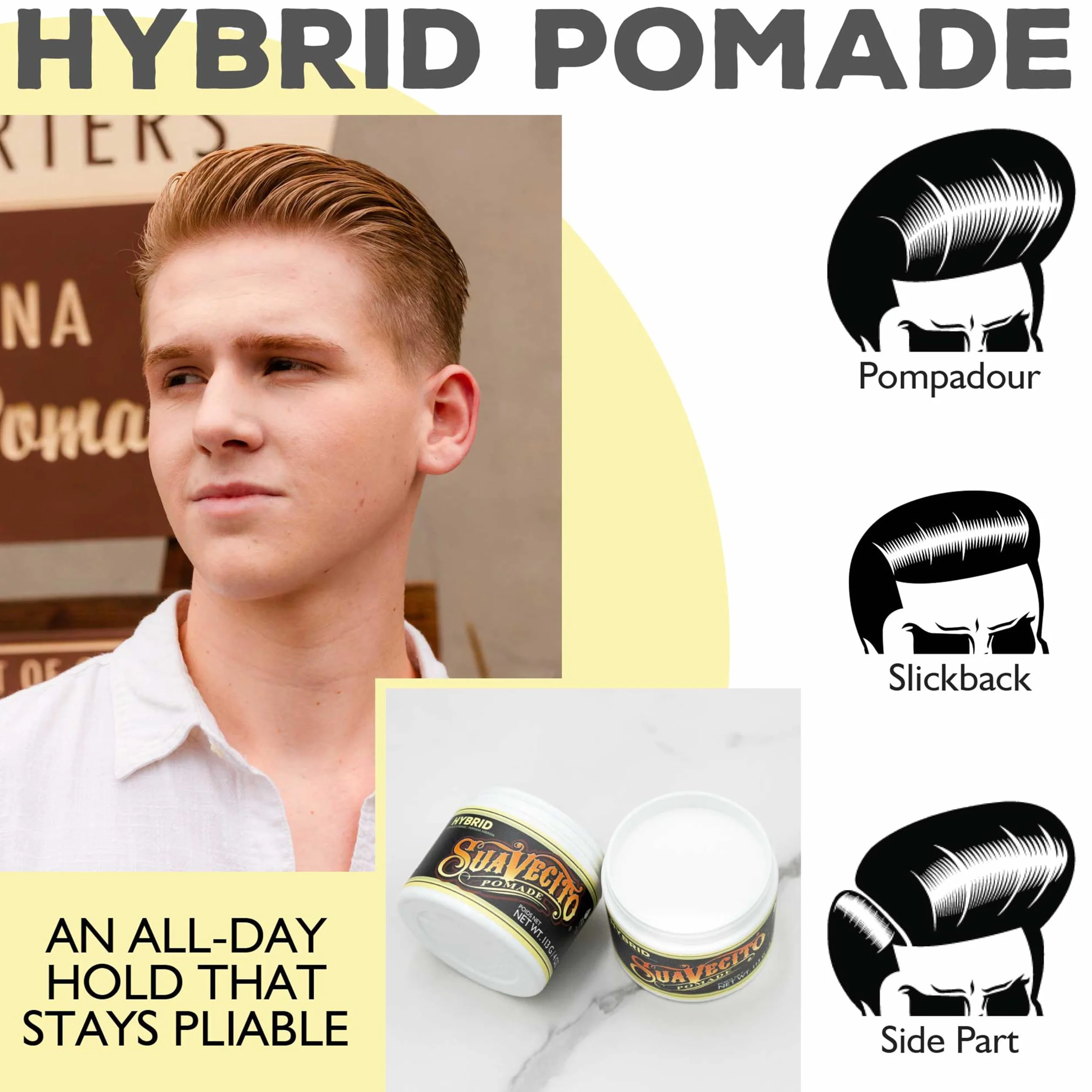 Suavecito Hybrid Pomade 4 oz, 1 Pack - Hair Pomade For Men - Medium Hold High Shine Hybrid Water And Oil Formula - Reworkable - Easy To Wash Out - All Day Hold For All Hair Styles