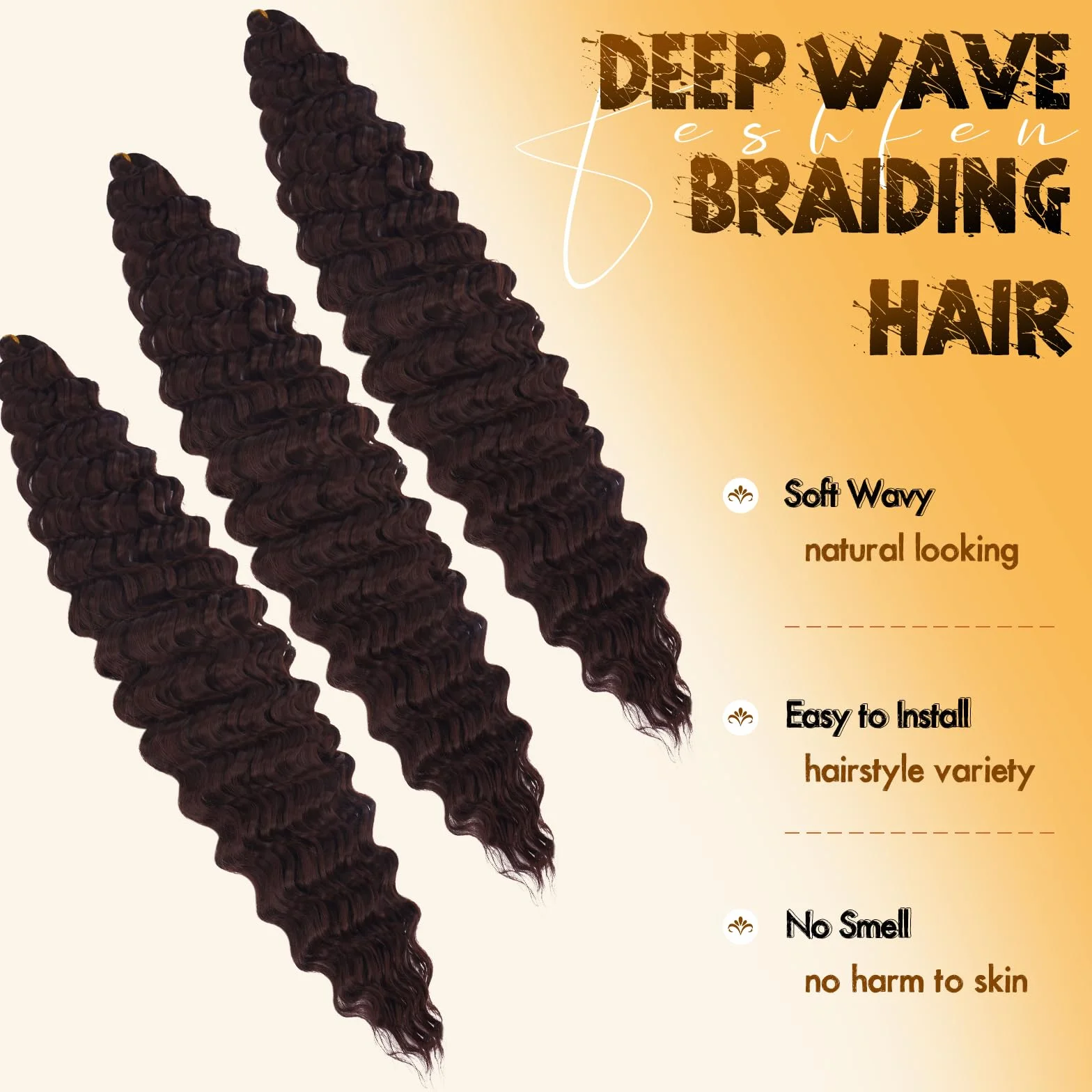 FESHFEN Ocean Wave Crochet Hair extension - 3 Pezzi Estensioni Capelli per Treccine a Onde Sintetici Ondulati Braiding Trecce Boho Posticci Extensions per Donne, 55 cm Castano
