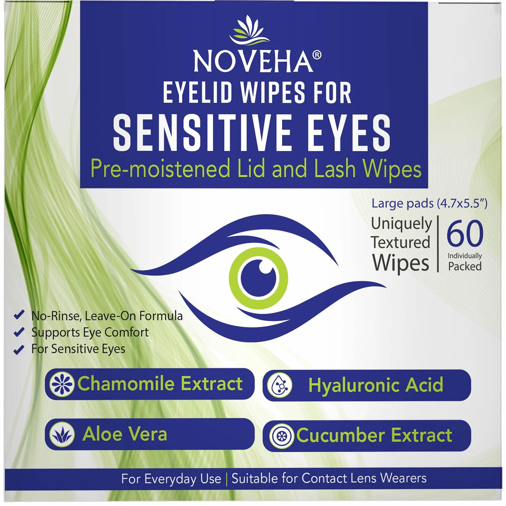 NOVEHA Salviette per palpebre, per ciglia e palpebre delicate, con acido ialuronico, camomilla e aloe vera, tamponi pre-inumiditi confezionati singolarmente (60 salviette)