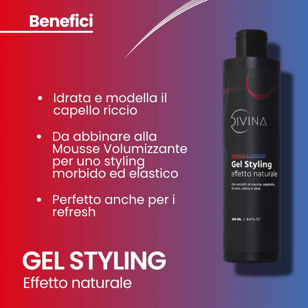 Gel Styling effetto naturale per capelli ricci con estratti di menta, equiseto, tè nero, salvia e aloe Natural&Amazing di DIVINA BLK (250ml)