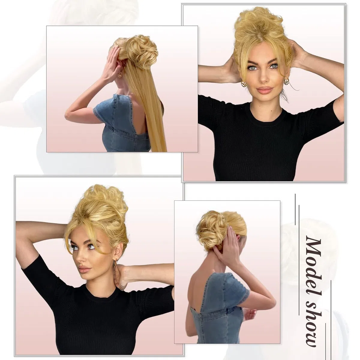 RUWISS Chignon Capelli 100% Umani con Pinza Posticci per Capelli Chignon Ondulato Estensioni per Coda di Cavallo Capelli Umani con Clip per Donne（Biondo Chiaro Dorato con Riflessi Biondo Candido）