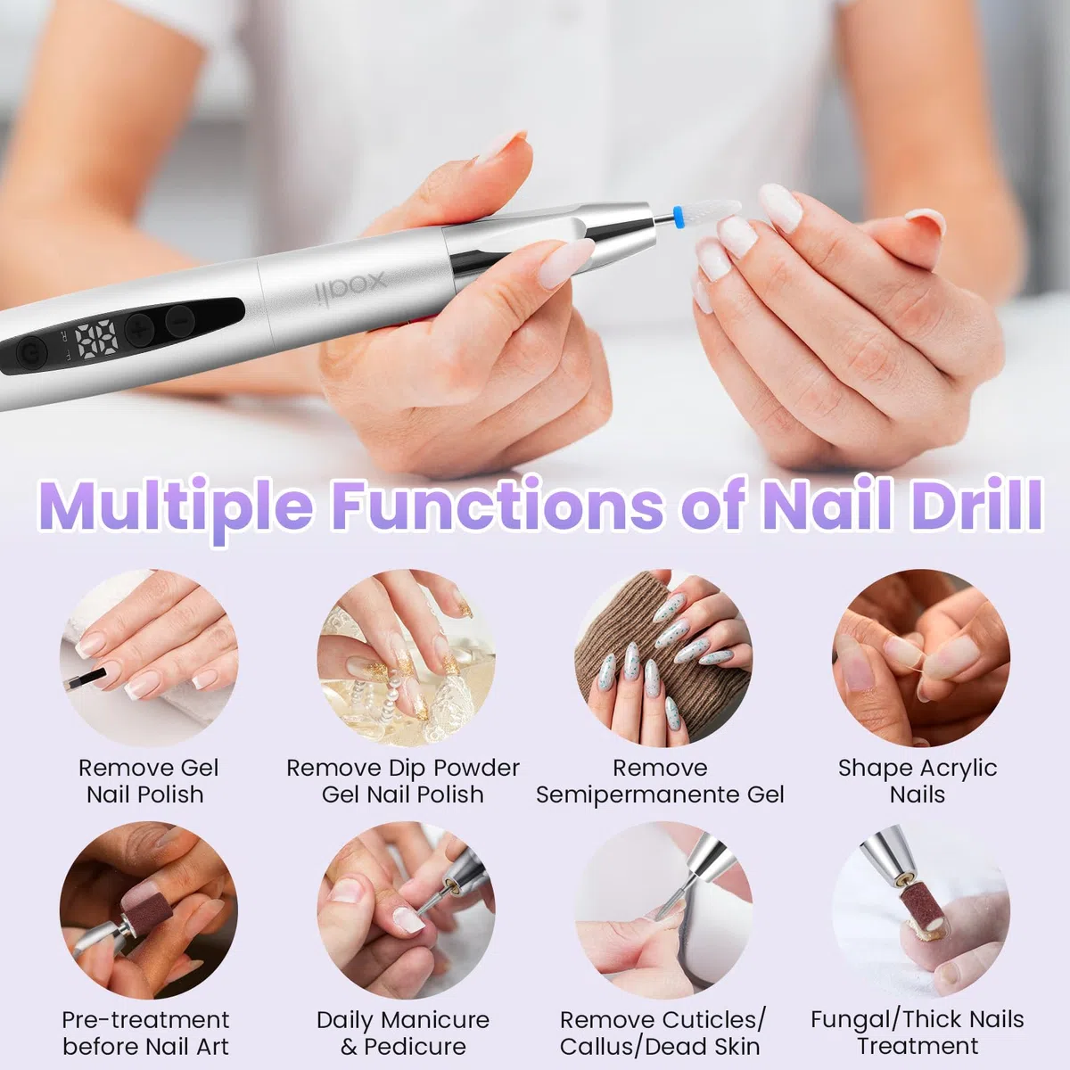 Xoali Fresa Per Unghie 35000 RPM, Lima elettrica per unghie 13 in 1 Kit,Senze Fili Ricaricabile Velocità Regolabile,Professional Portatile LED Elettrico Manicure&Pedicure, Argento