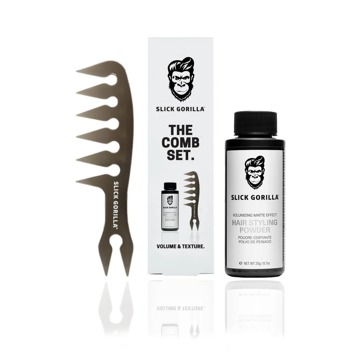Slick Gorilla Polvere Texturizzante + Pettine a Denti Larghi per Uomo | Finitura opaca | Aggiunge volume e spessore | Tenuta naturale forte | Set styling non grasso per un uso quotidiano facile