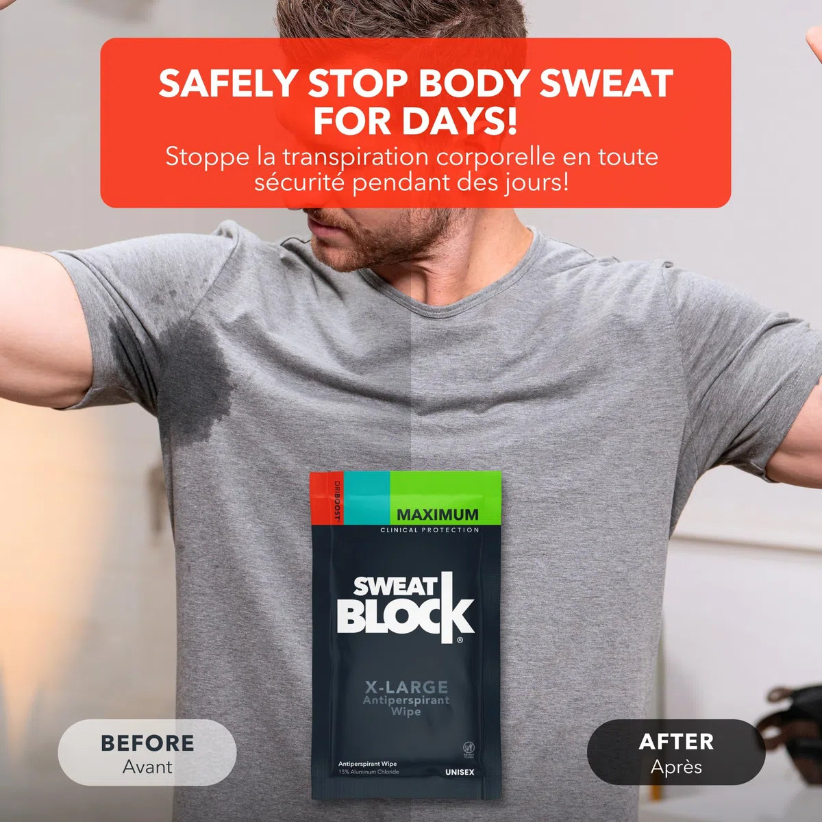 SweatBlock Maximum Strength Antiperspirant Sweat Wipes - For Excessive Sweat Protection - Extra Large - Up to 7 day protection per use - 10 Count - Unisex
