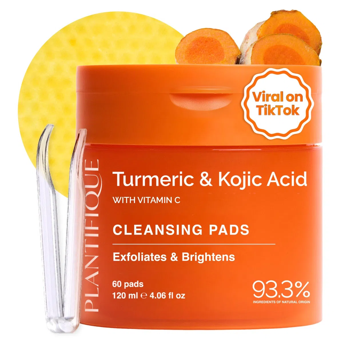 PLANTIFIQUE Dischetti Detergenti al Curcuma e Acido Kojico con Ceramidi, Niacinamide e Vitamina C – 60 Dischetti Esfolianti Viso per Macchie Scure e Iperpigmentazione – Skincare Kit Viso