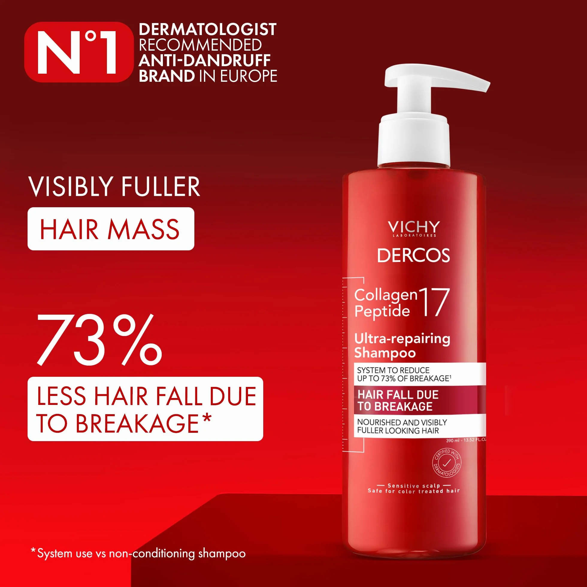 Vichy Dercos, Collagen 17 Shampoo Riparatore, Per Capelli Deboli, Azione Anti-Rottura e Riparazione Totale, Fibra Rinforzata, Capelli Morbidi e Voluminosi, 400 ml