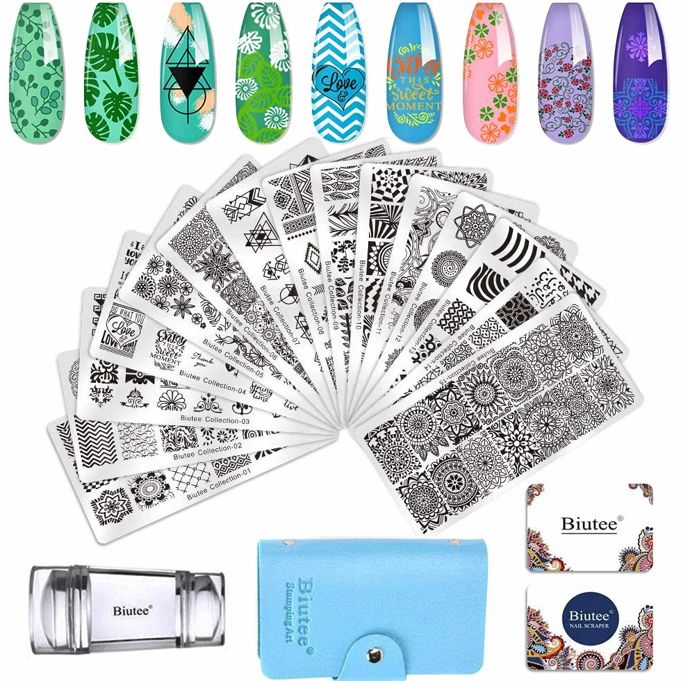Biutee 15 pcs Gel Stamping Nail Art Prodotti Manicure Gel, 1 Timbri per Unghie, 2 Raschietti, 1 Busta per Conservarli, Stampo UnghieGeometrico Semipermanente