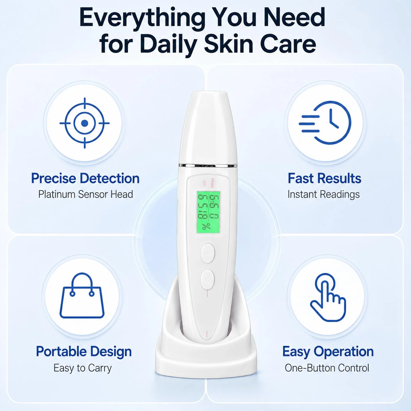 Tester per la pelle del viso Display intelligente Cura della pelle Corneometro digitale portatile con penna rilevatore di pelle per salone di bellezza domestico Bianco (Blanc)