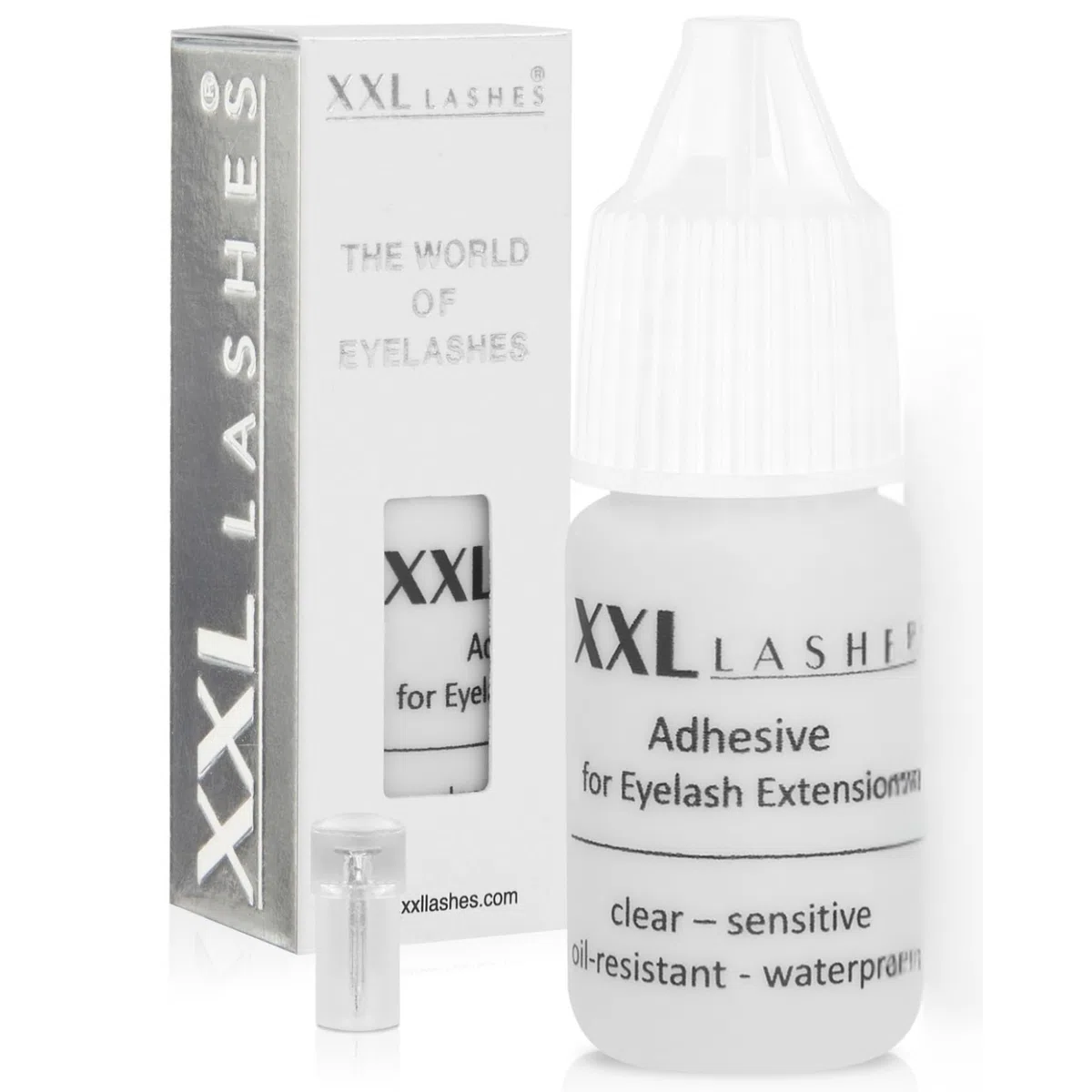 Colla per Extension di Ciglia anallergica, sensibile, resistente agli olii e all'acqua, vegano, inodore, XXL Lashes Adhesive for eyelash extensions, impermeabile, sicurezza certificata, chiaro