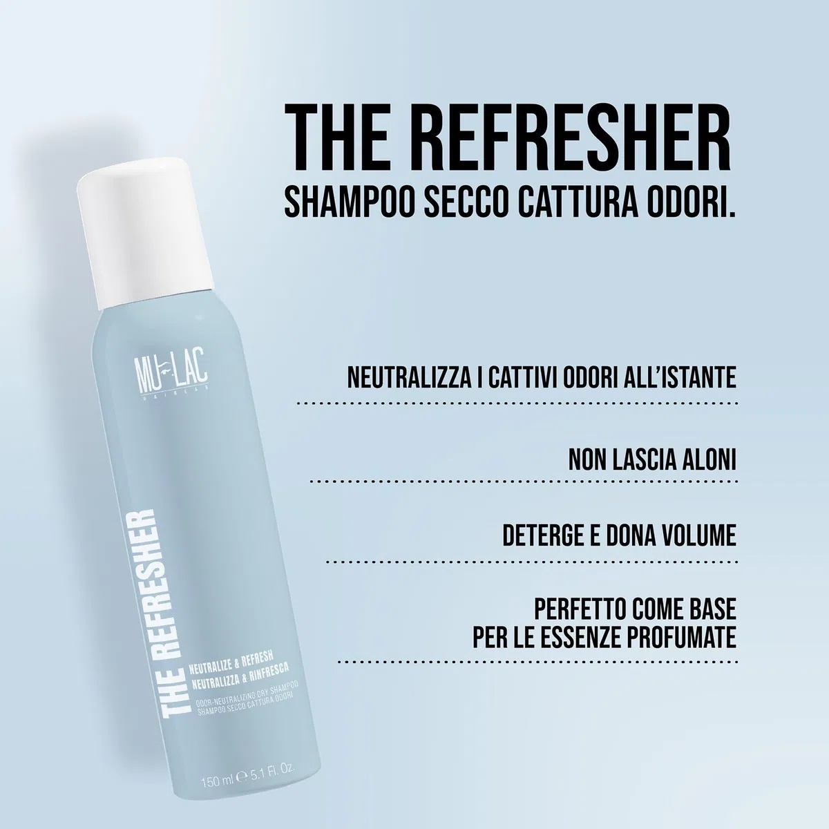 MULAC The Refresher - Shampoo Secco Cattura Odori 150 ml, Formula Smell-No-More, Dona Volume, Rinfresca e Neutralizza gli Odori, Capelli Puliti Senza Aloni