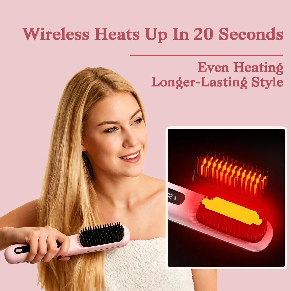 Spazzola Lisciante per Capelli 3 Temperature (160-180-200℃) Display LED Portatile Spazzola Lisciante Senza Fili per Capelli Corti Riscaldamento Rapido