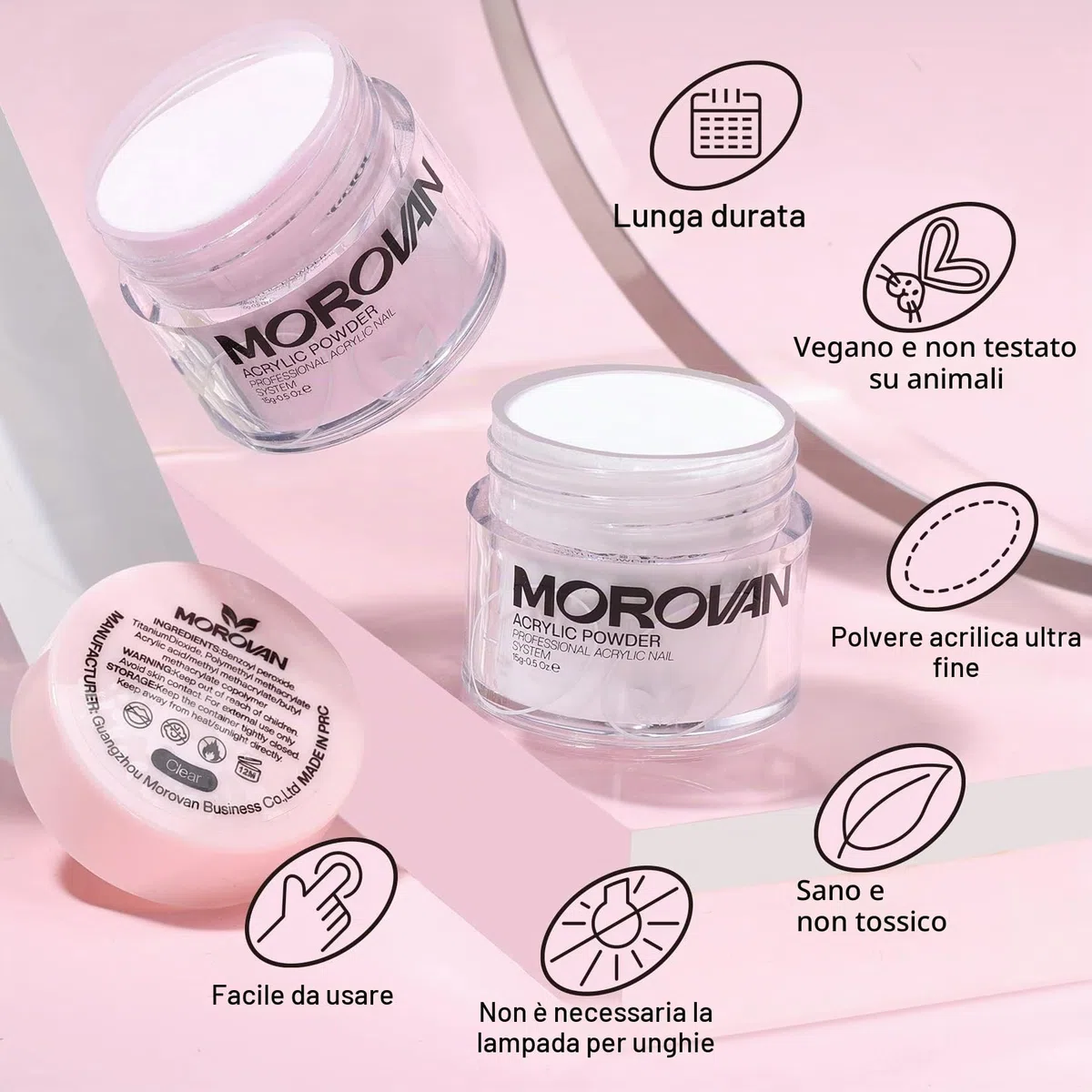 Morovan Polvere acrilica per unghie, 3 colori e 3 pennelli professionali, kit per principianti nail art