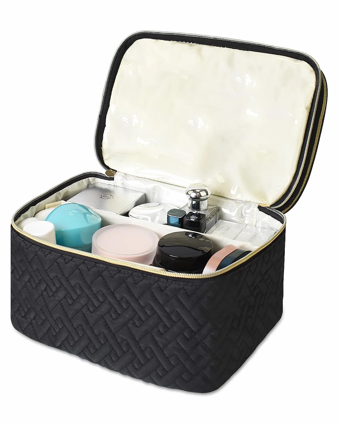 Beauty case organizer da donna, grande borsa per cosmetici a doppio strato con scomparto per pennelli, borsa da toeletta portatile e impermeabile, essenziale da viaggio, nero