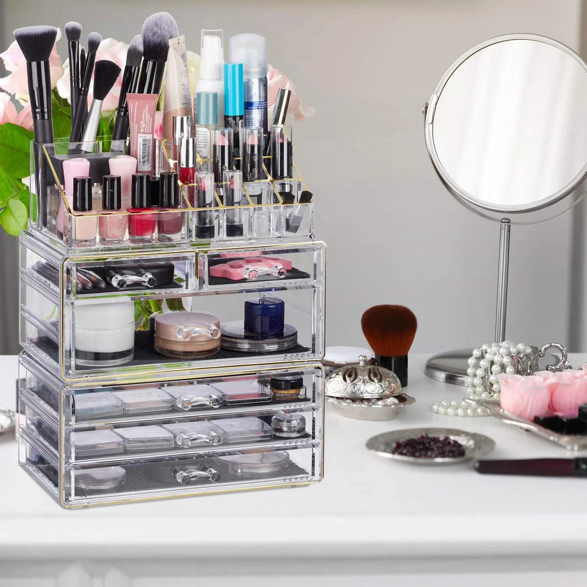 Relaxdays Contenitore per Cosmetici a 6 Cassetti, 22 Scomparti, Make Up Organizer, Porta-Trucchi, Acrilico, Oro