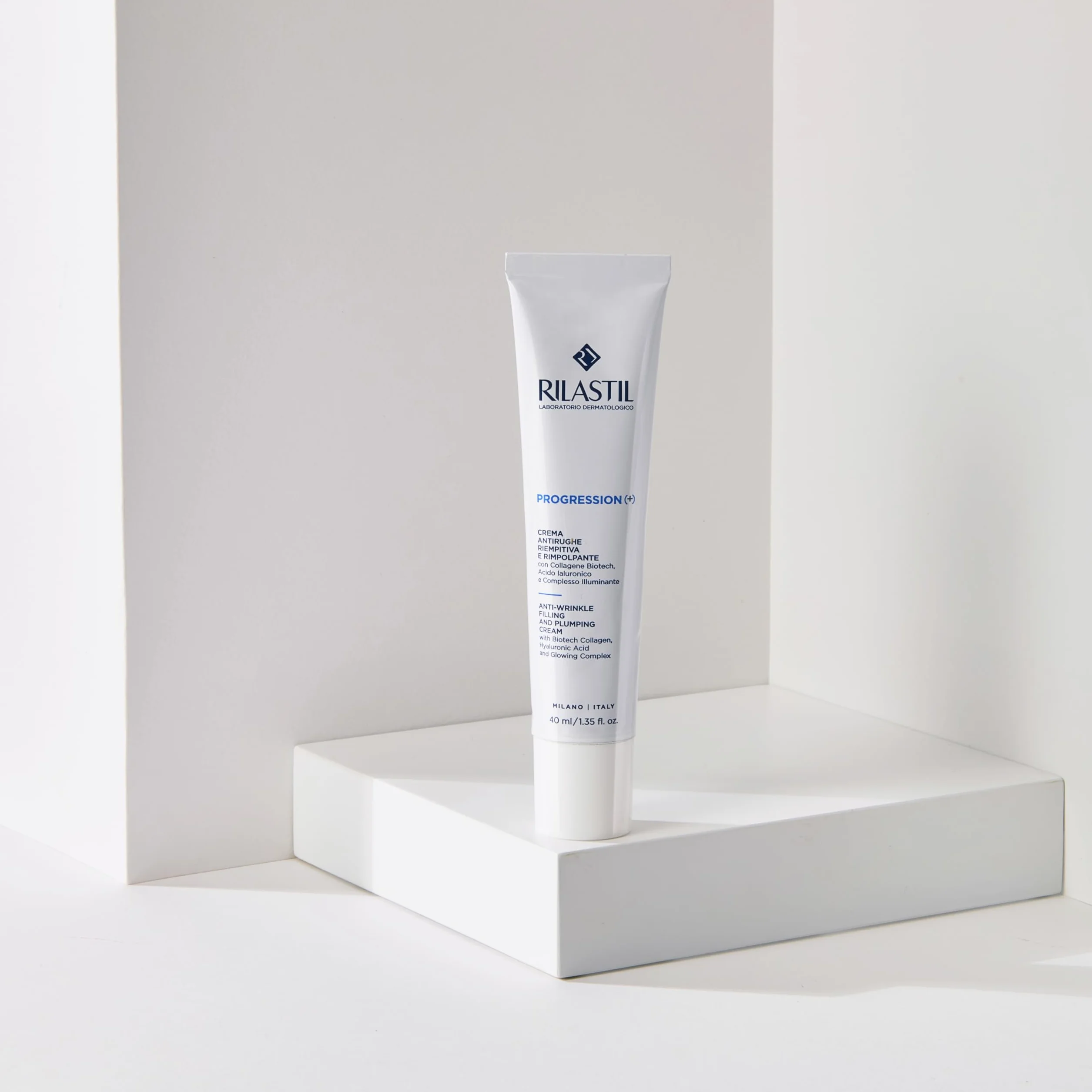 Rilastil Progression(+) Crema Antirughe Riempitiva e Rimpolpante, Trattamento Rughe Marcate, Antiaging, Rimpolpante per Pelli Mature con Collagen, Acido Ialuronico, Confezione da 40 ml