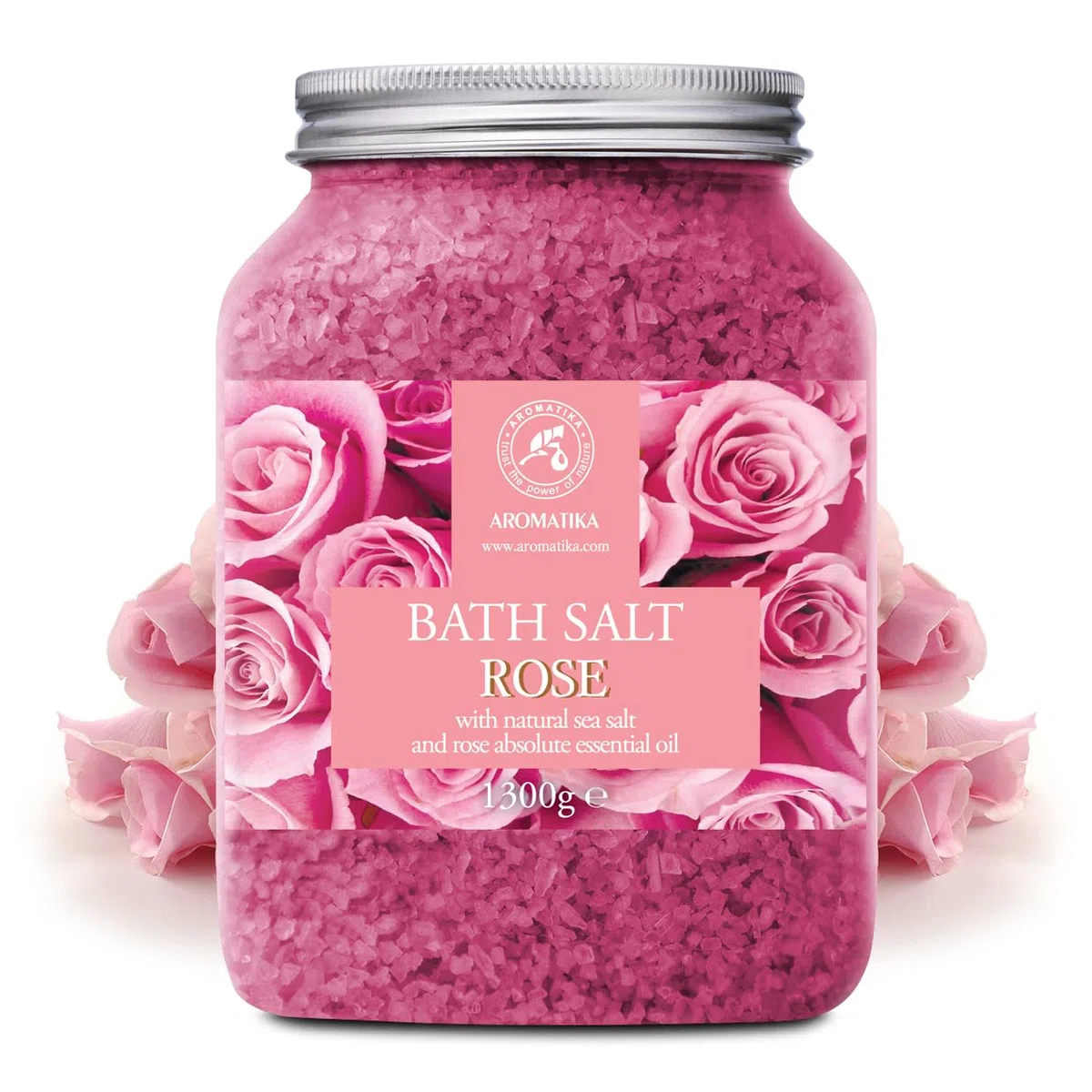 Sale da Bagno Rosa 1300g - Sale Marino con Olio Essenziale di Rose - per un Buon Sonno - Riduzione dello Stress - Cura del Corpo - Relax - Aromaterapia - Bellezza - Sali da Bagno di Aromatika