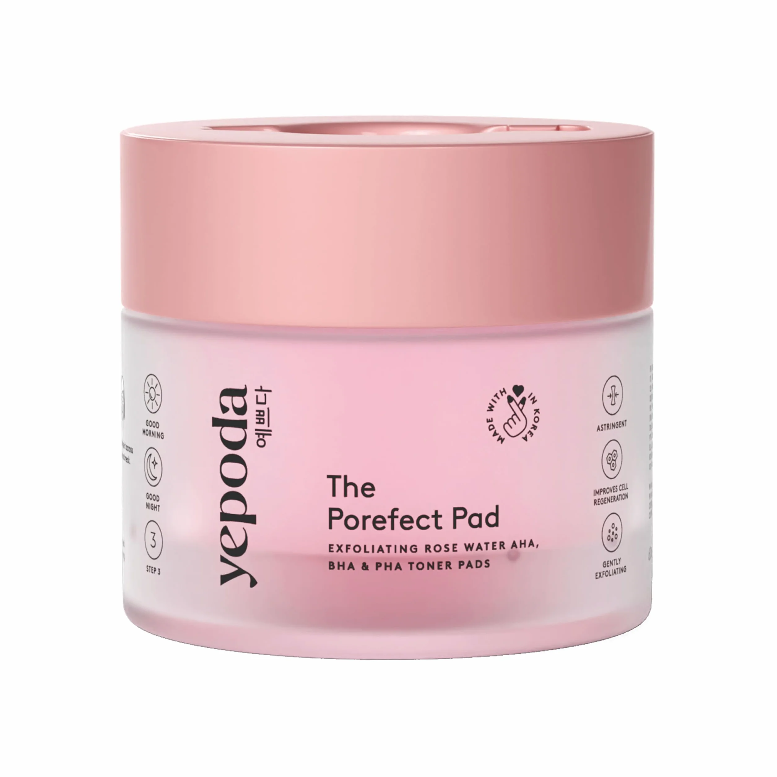 Yepoda The Porefect Pad: dischetti esfolianti con acqua di rose, AHA, BHA, PHA. Esfoliazione delicata, pori affinati. Vegani e testati per tutti i tipi di pelle, 60 pz / 120 ml.