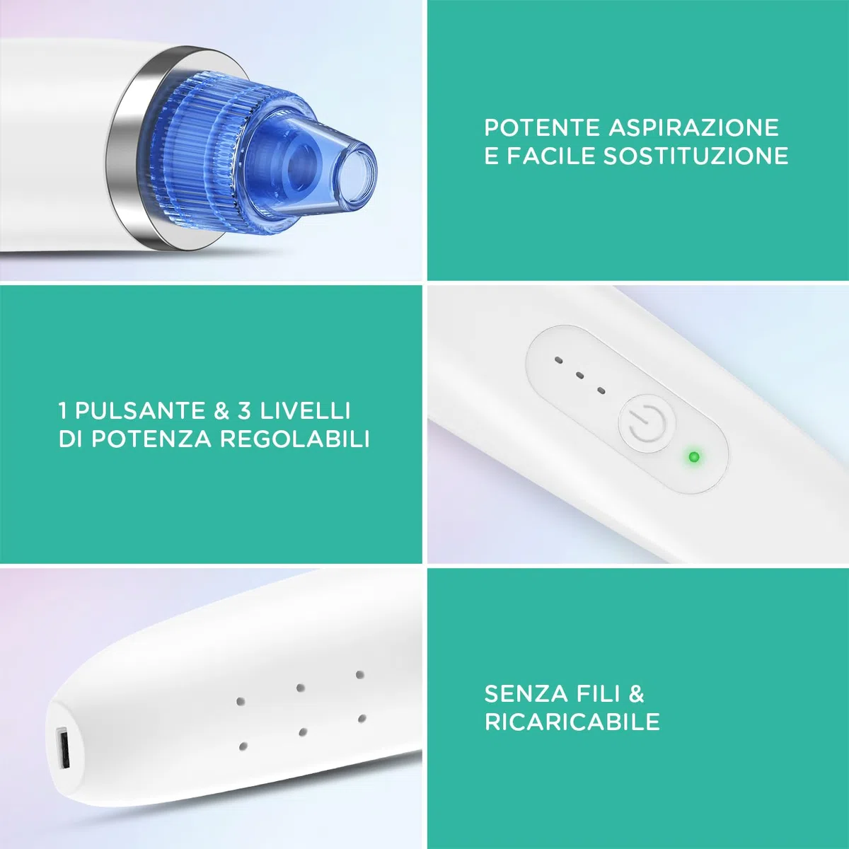 VOYOR Aspiratore Punti Neri 6-In-1 Aspira Rimozione di Elettrico Comedone Estrattore Pulizia Viso Tramite Ricaricabile per Uomini e Donne BR410
