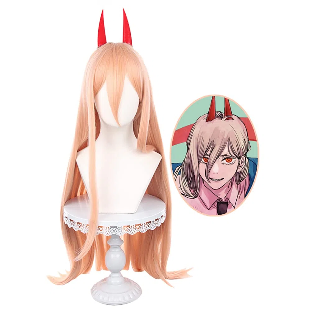 Parrucca Anime Cosplay per motosega uomo power light arancione Cosplay parrucca + 2 corna lunghe dritte con frangia + cuffia per parrucca gratuita