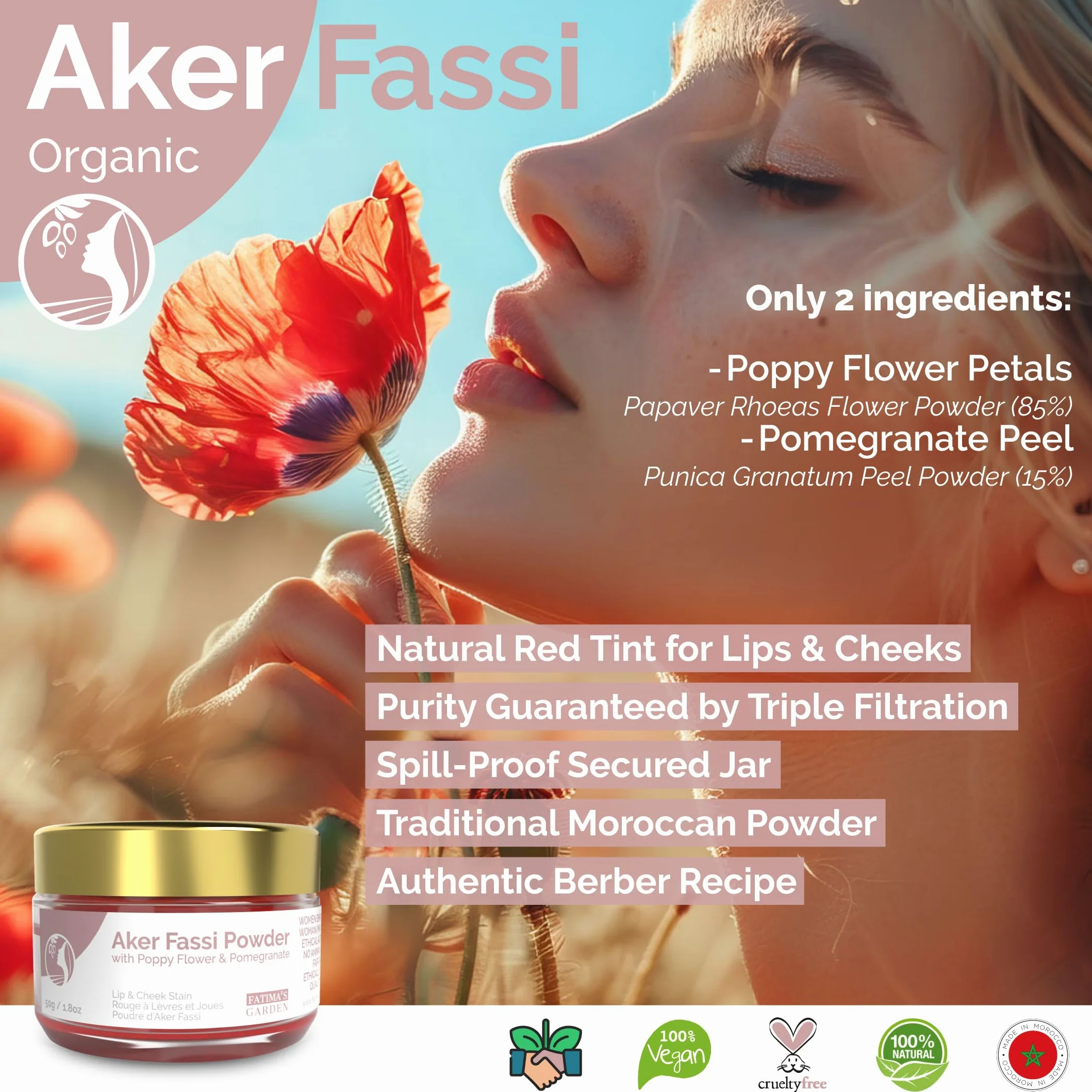 Fatima's Garden Polvere Naturale Aker Fassi con Scorza di Melograno - Tinta Tradizionale Marocchina per Labbra e Guance 100g