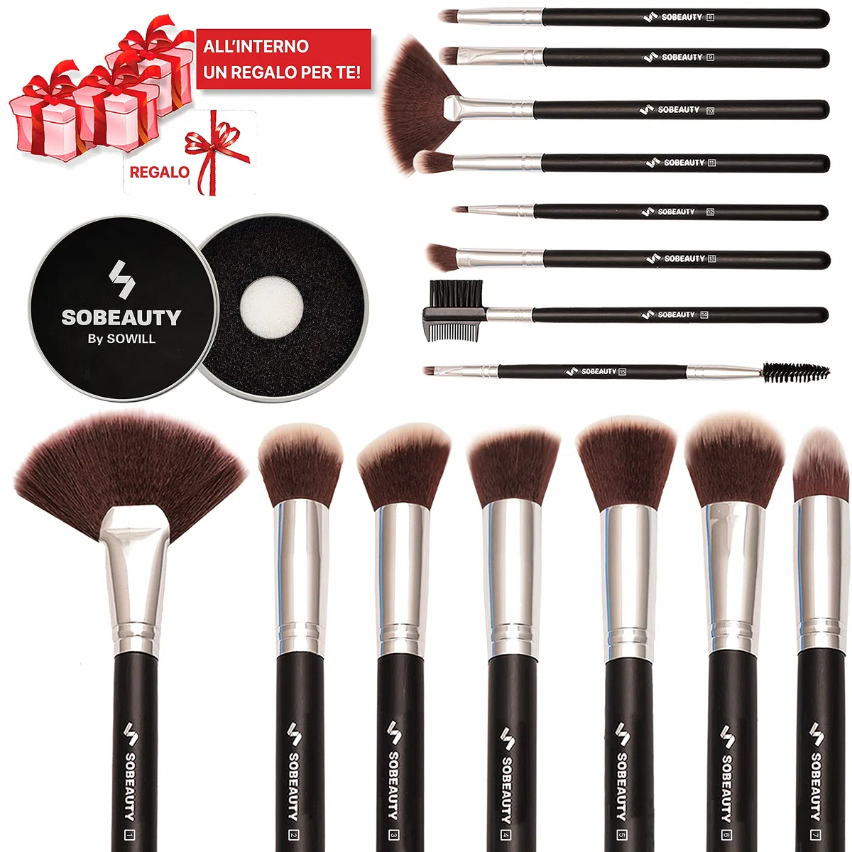 SOBEAUTY by SOWILL set 15 pennelli trucco professionale make up setole vegan maquillage sfumature occhi viso pennello fondotinta ombretti eyeliner face brush set elegante scatola