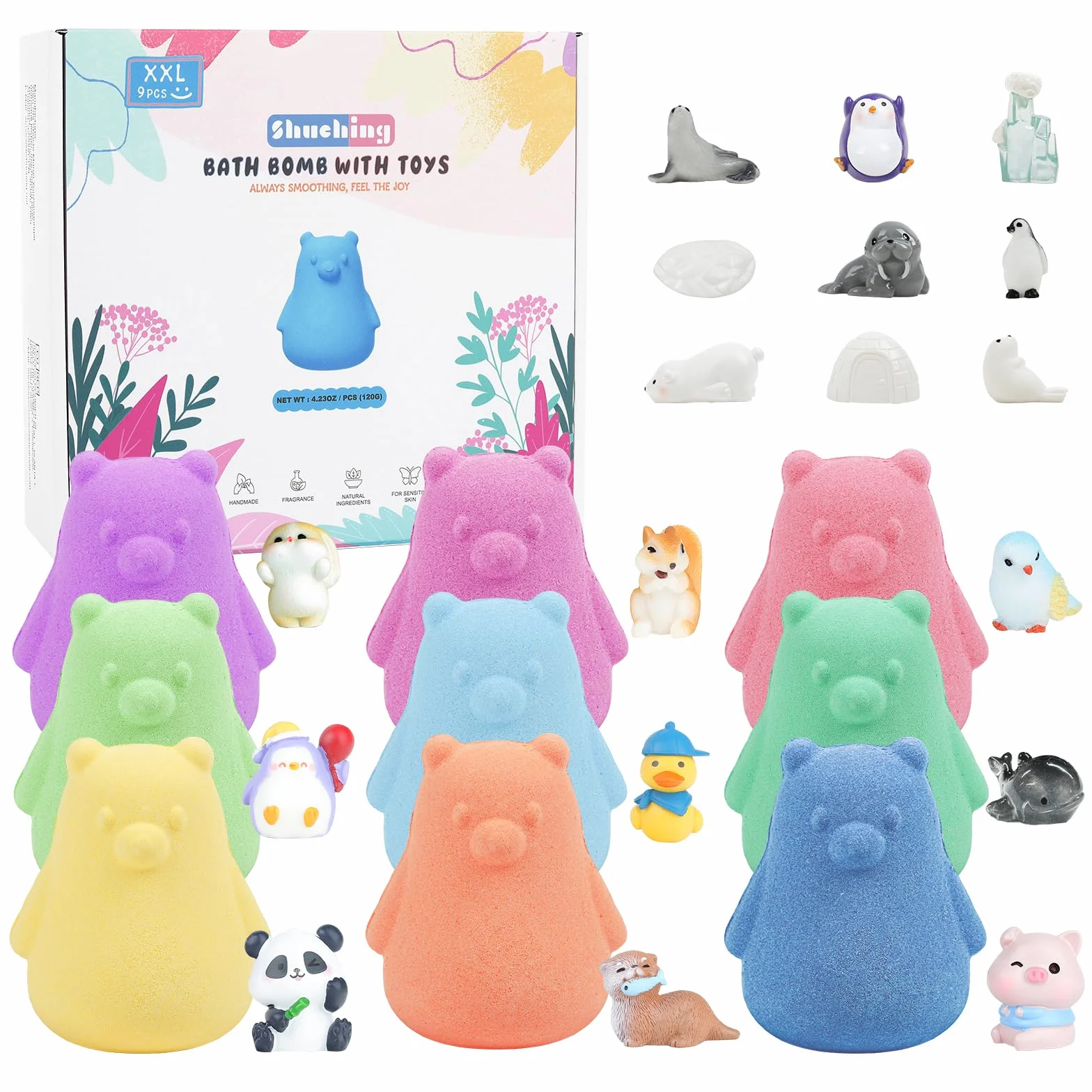 SHUCHING 9 Grandi Bombe da Bagno Bambini Orsa, Bombe da Bagno con Sorpresa, Set Regalo Bath Bombs Naturali Bio per Bambini Compleanno Natale Festa