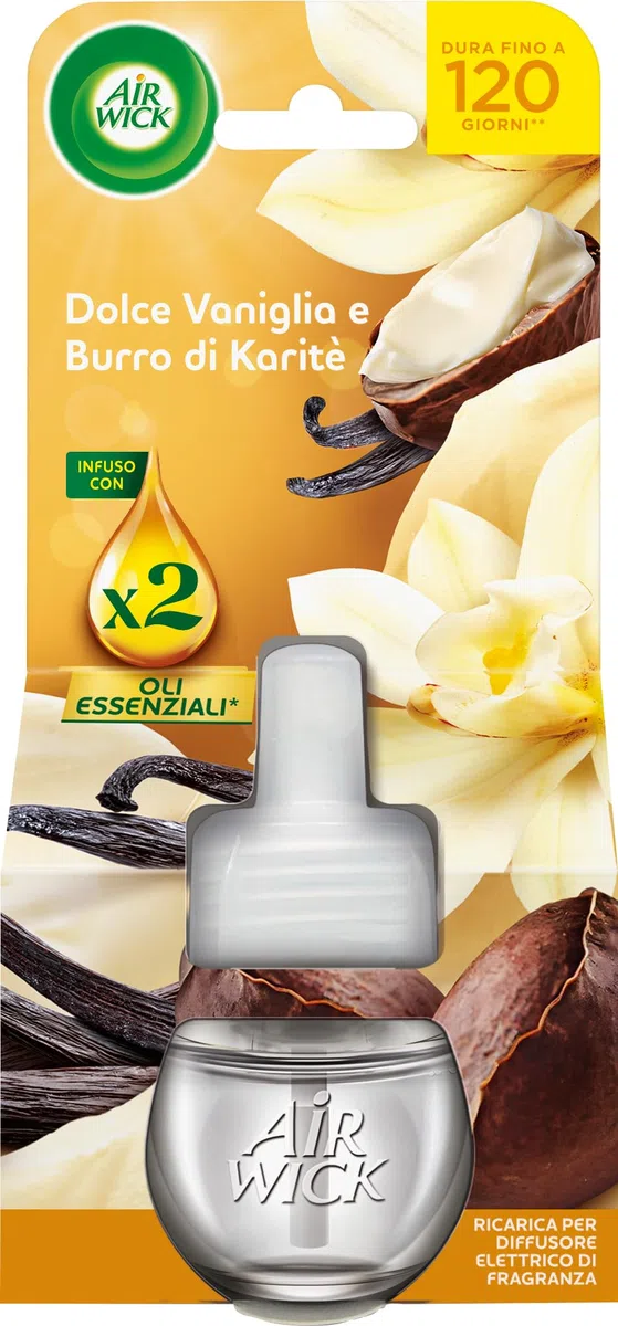 Air Wick Diffusore Elettrico di Oli Essenziali, 6 Ricariche per Diffusore Elettrico alla Fragranza Dolce Vaniglia e Burro di Karitè, Profumatore per Ambienti Elettrico con Oli Essenziali