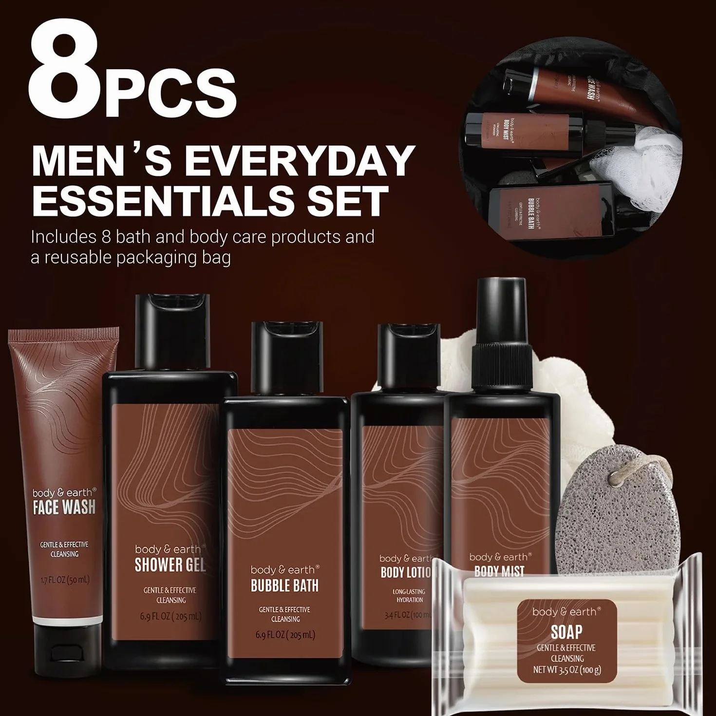 BODY & EARTH Bath Set da Bagno da Uomo 8 Pezzi, Sandalo Set Regalo da Profumato Alla Pelle, Confezione Regalo da Uomo con Sacchetto Per la Conservazione