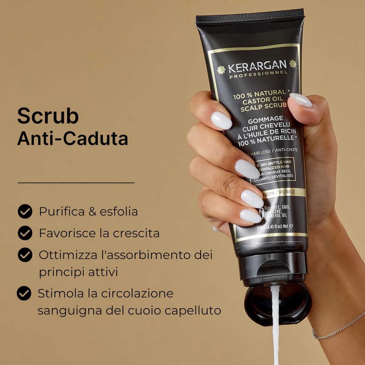 Kerargan - Scrub Capillare Anti-Caduta all'Olio di Ricino - Per un Cuoio Capelluto Sano e Capelli Rivitalizzati - Arricchito con Olio di Mandorle Dolci e Aloe Vera - Senza solfati,GMO,silicone - 250ml