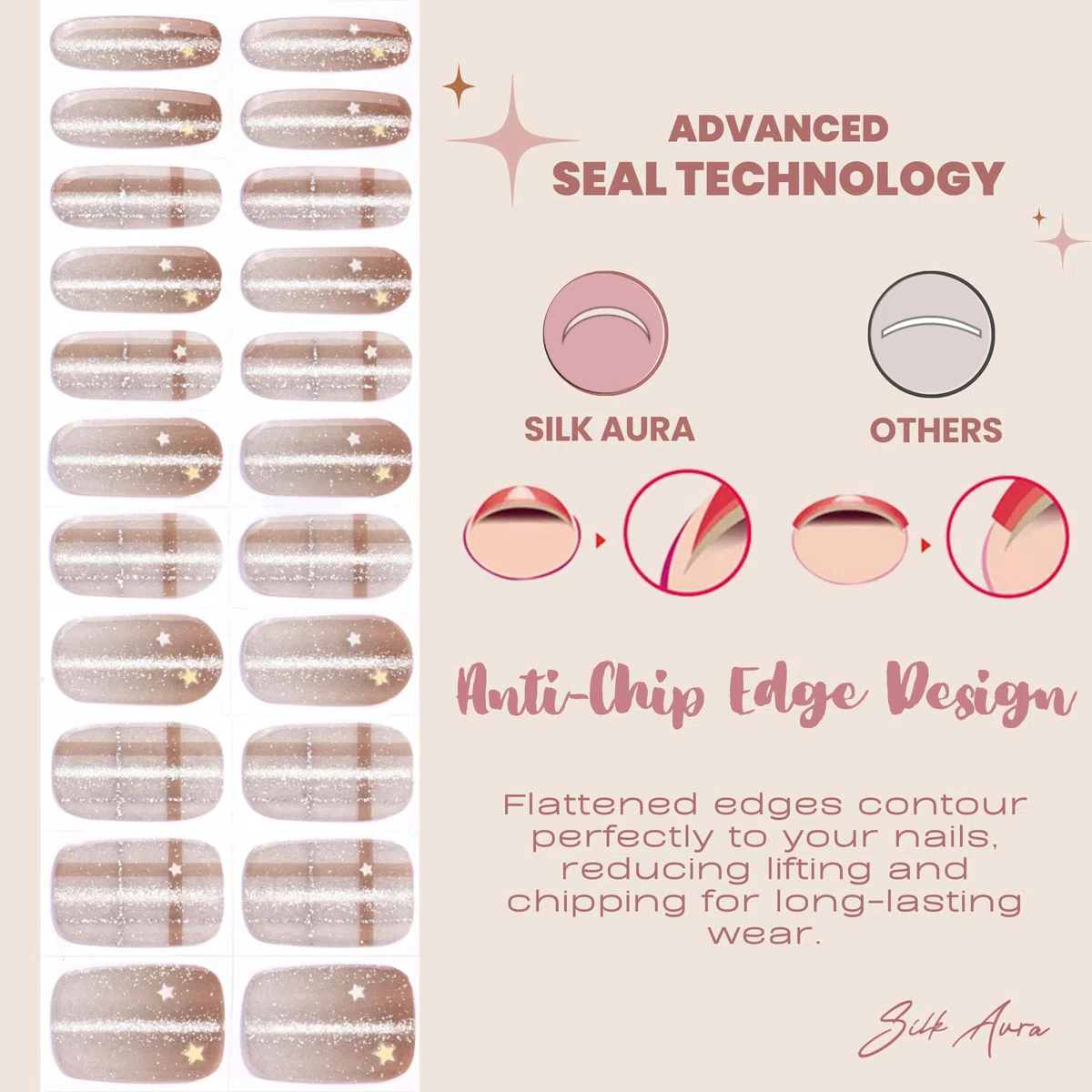 Silk Aura Pellicola autoadesiva in gel per unghie, senza raggi UV, nude glitterato, impermeabile e di lunga durata, design naturale per unghie delle dita e dei piedi
