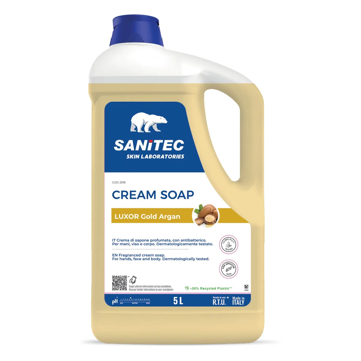 Sanitec, Luxor Gold Argan, Crema di Sapone Profumata Idratante con Glicerina e Antibatterico, Deterge le Mani Lasciandole Fresche e Pulite, pH 5,5, Dermatologicamente Testato, 5L 5000ml