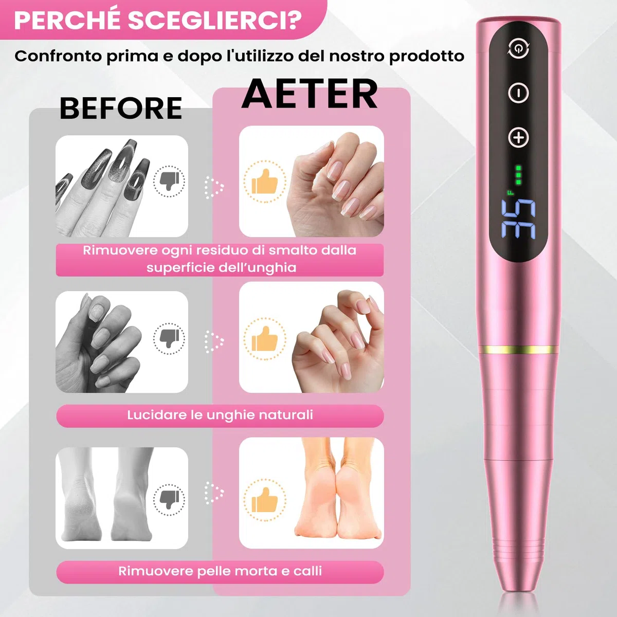 NAILGIRLS Fresa per Unghie Professionale 35000 Giri, Lima Elettrica per Unghie con Schermo LED, 11 in 1 Ricaricabile Frese per Unghie Portatile Trapano per Unghie Senza Fili Velocità Regolabile, Rose