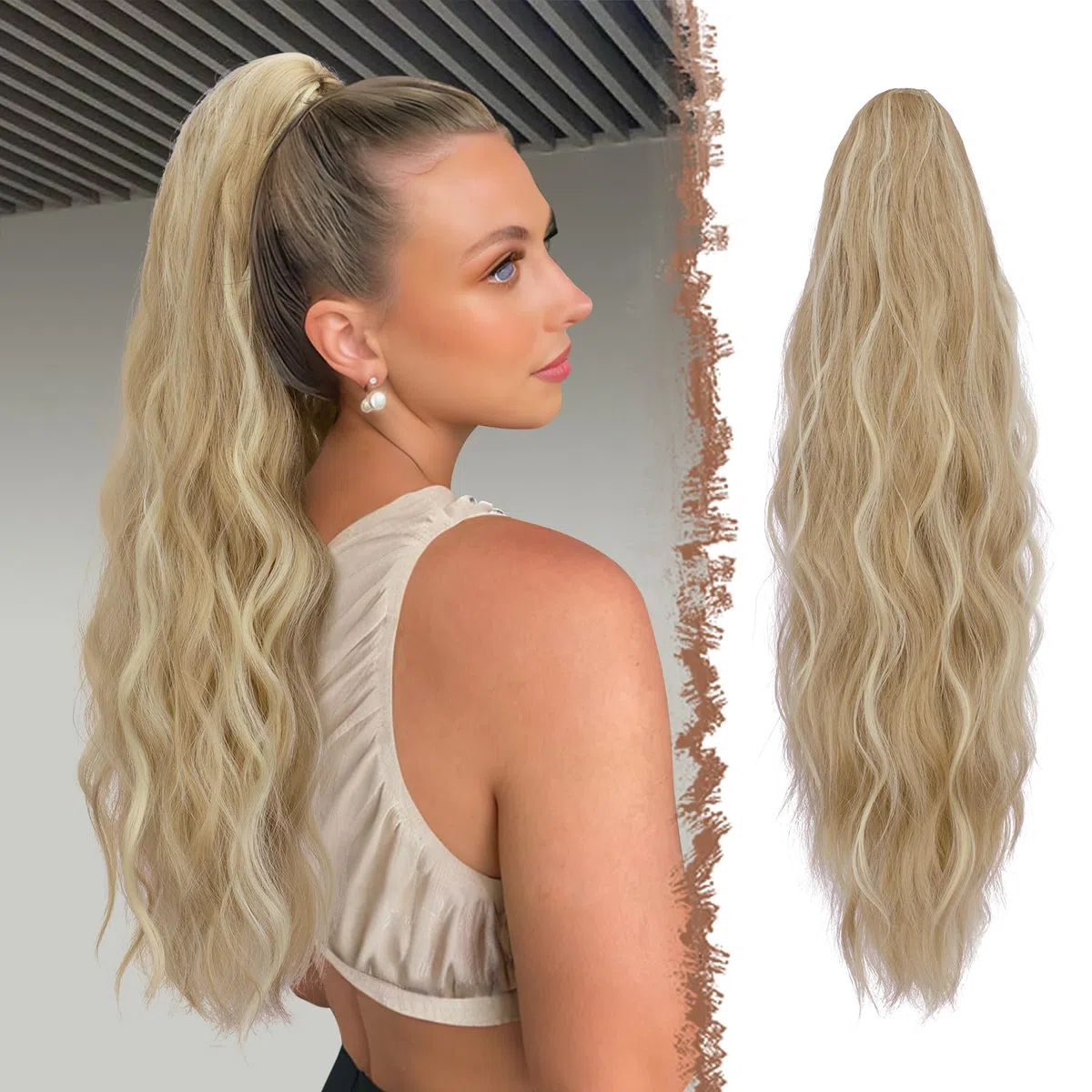 FESHFEN Coda Capelli Extension Pinza - Lunga Ondulato Coda Finta Capelli Riccia Coda di Cavallo Estension Sintetici Posticcio Ponytail per Donne, 63 cm Biondo Scuro Cenere