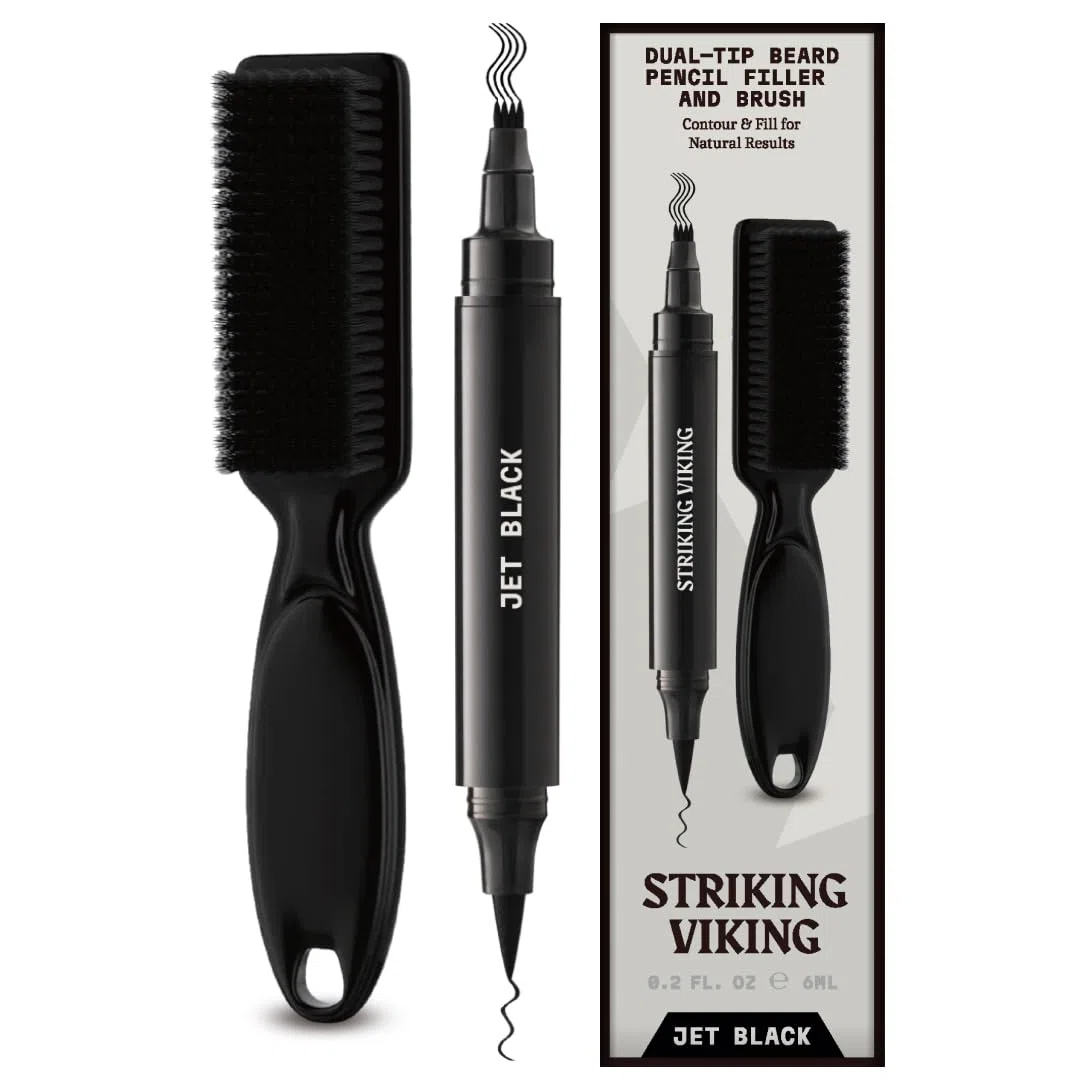 Striking Viking Beard Pencil Filler, nero profondo, set di matite da barba impermeabile, realistica e durevole, con 1 penna stilografica e pennello, migliora i peli del viso