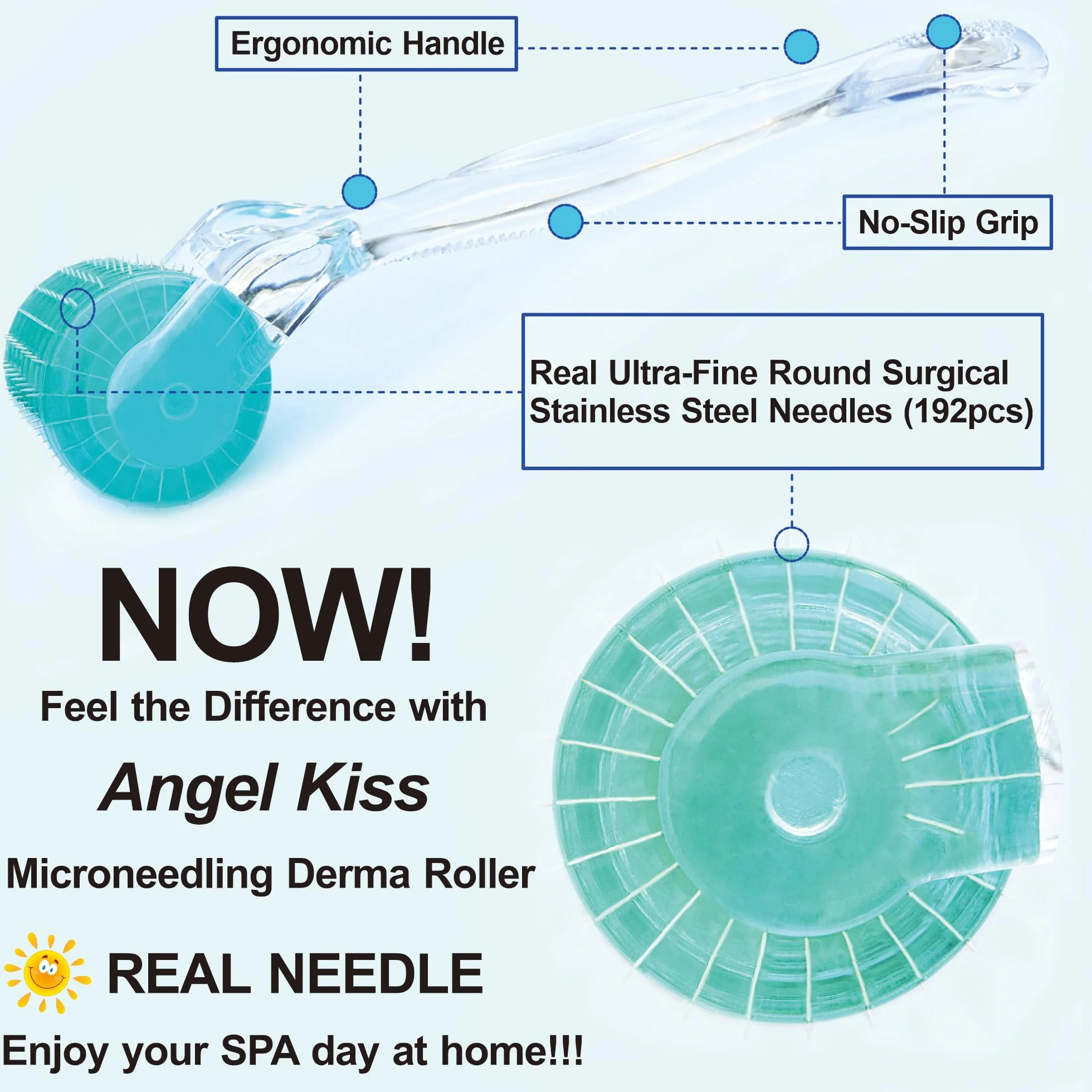 Angel Kiss Derma Roller 0,5 mm Vera Ago - 192 Microneedling in Acciaio Inox Microneedle Roller Ago per Viso Corpo Cura della Pelle Barba Crescita dei Capelli