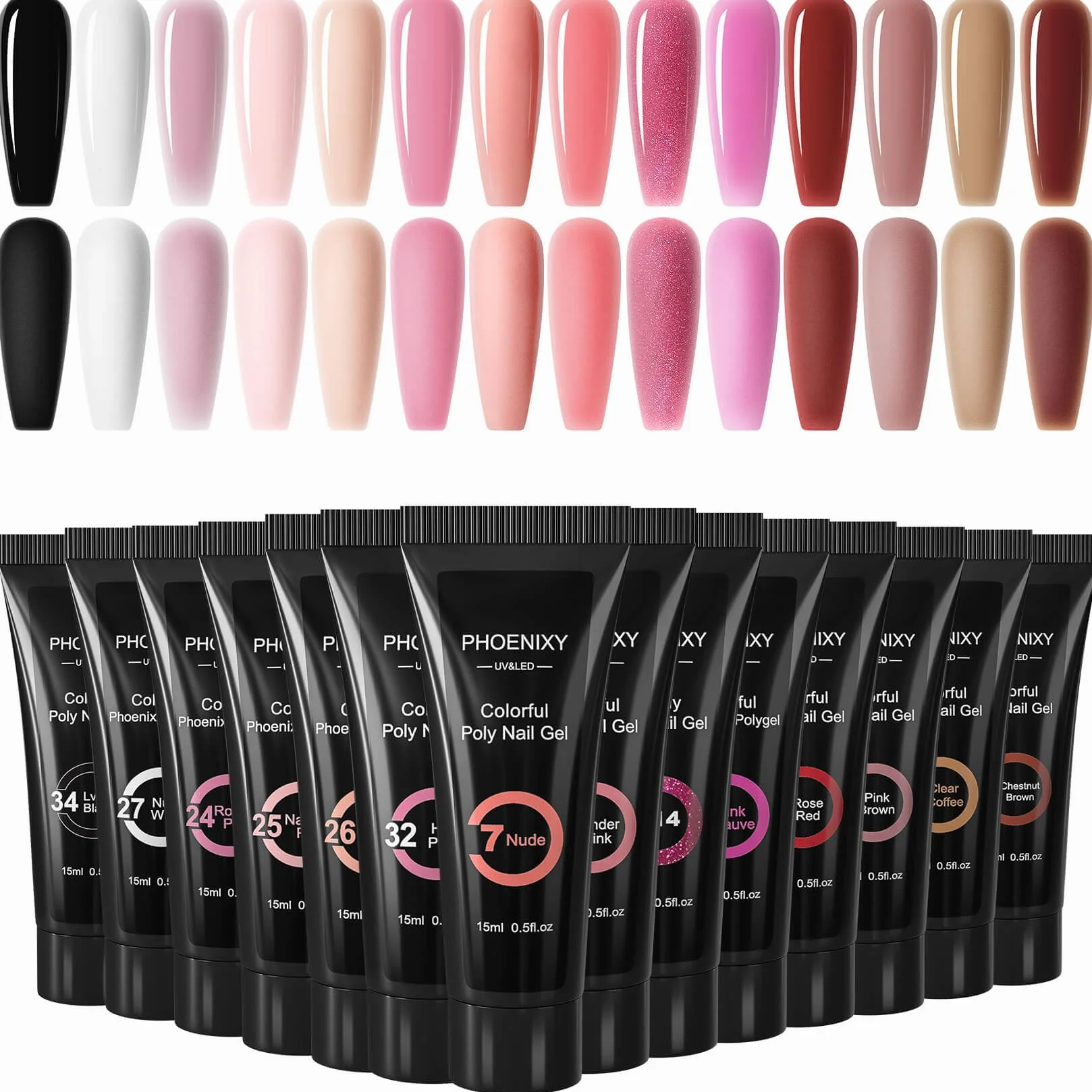 Phoenixy Kit Unghie Gel Completo 14 Colori 15 ML Gel Ricostruzione Bianco Nero Nudo Pink Kit Ricostruzione Unghie U V/LED Regalo per Donna