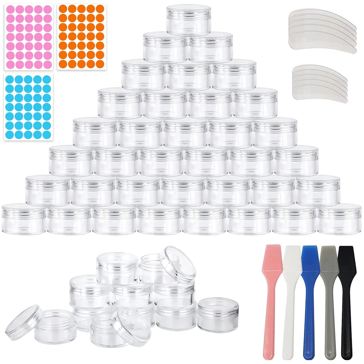 100 Pz Vasetti Cosmetici, 3ml Contenitori Cosmetici Vuoti con 15 Mini Spatola e 105 Adesivi, Barattolini Plastica Piccoli con Tappo per Lozioni, Creme