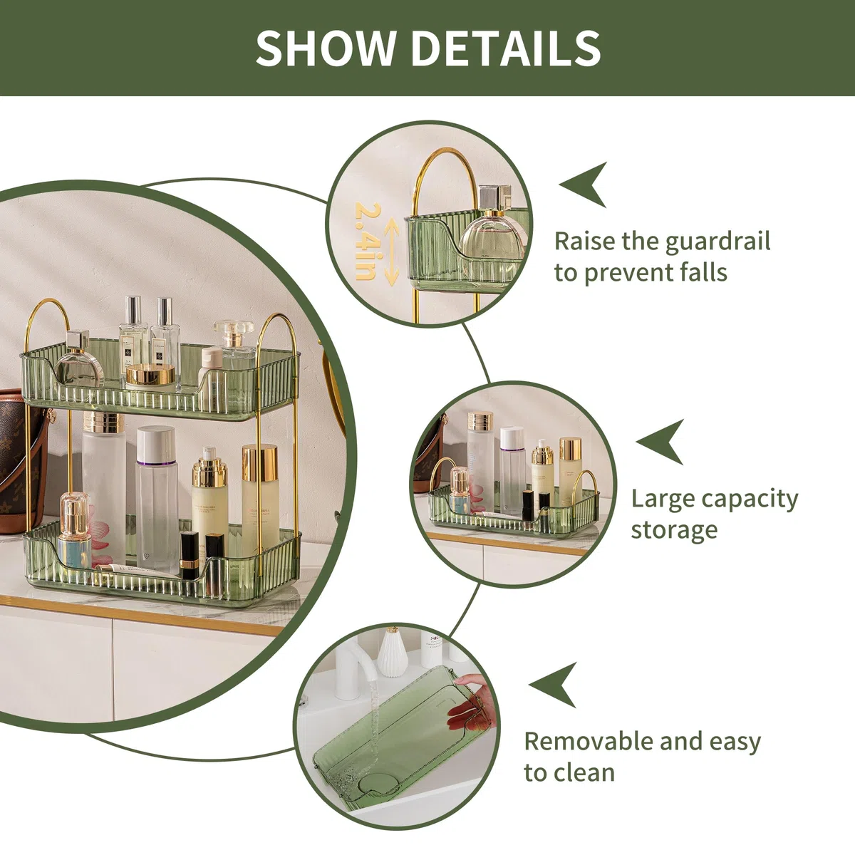 Organizzatore di Trucco, Organizzatore di Cosmetici ad Grande Capacità, Organizzatore di Profumi, Organizzatore Della Cura Della Pelle per Bagno (2 Strati, Verde)