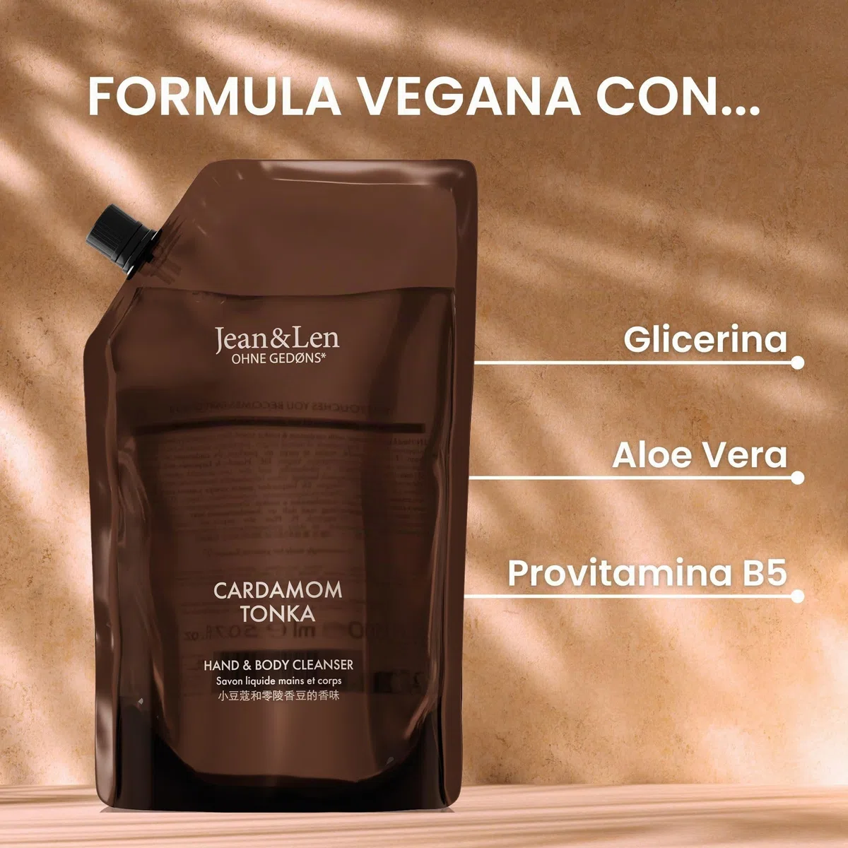 Jean & Len Hand & Body Cleanser Cardamom & Tonka in busta ricarica, per un'esperienza di pulizia profumata, profumo esotico e speziato, sapone liquido in confezione ricarica, vegano, 1,5 L