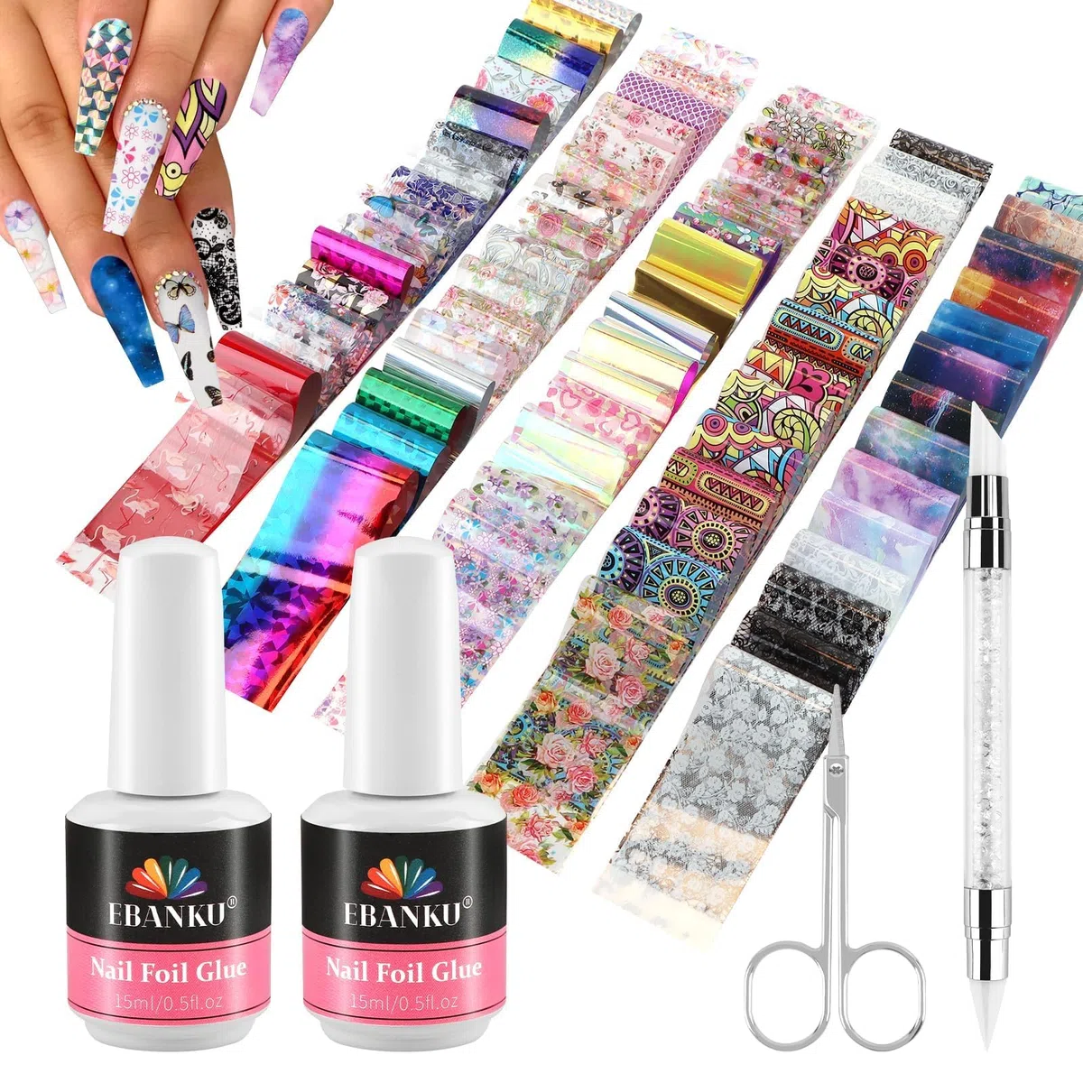 EBANKU Set di colla e gel per nail art, 30 ml di colla per unghie con 80 adesivi transfer a forma di fiore, farfalla e pizzo classico per manicure fai da te o salone, lampada UV LED necessaria