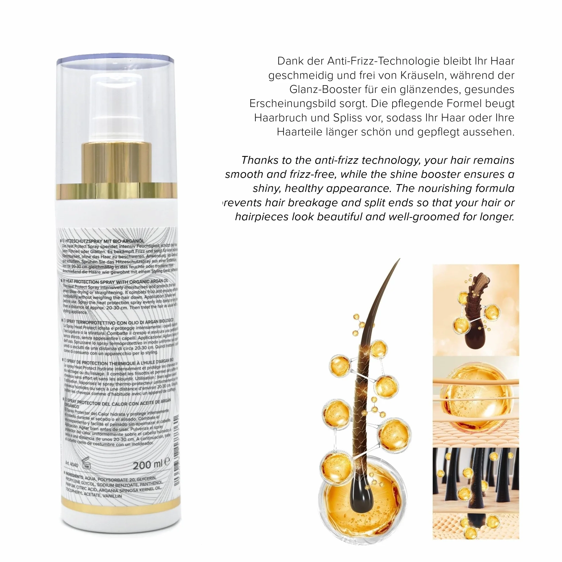 Heat Protect Spray 200 ml – Spray termico con olio di argan biologico – per extension, parrucche, parrucche e capelli propri – Made in Germany
