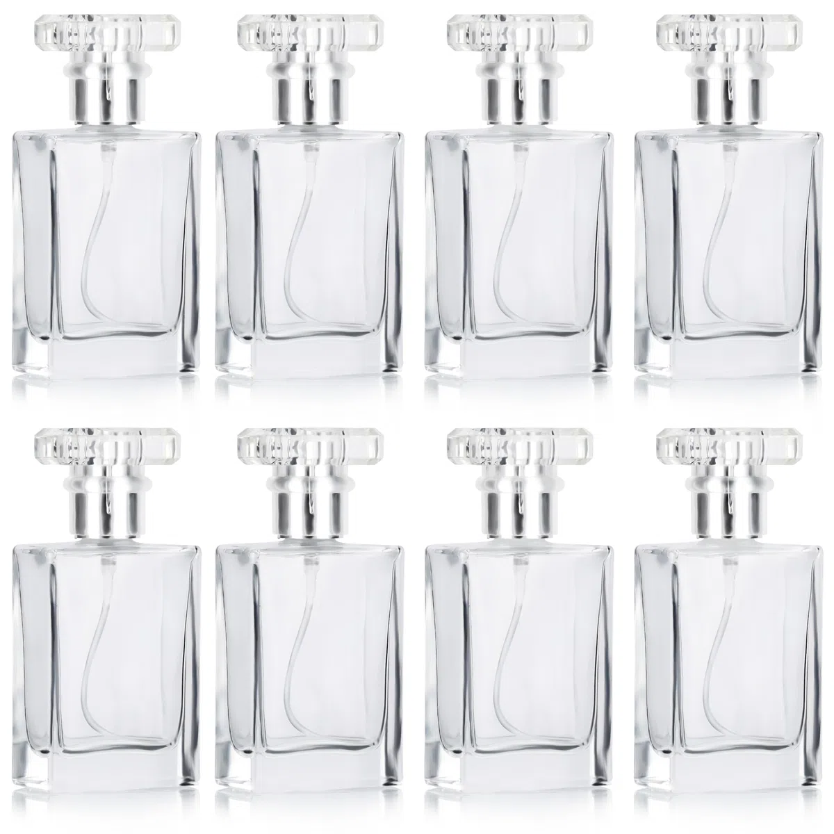 Belle Vous Flaconcini Vuoti per Liquidi 30 ml in Vetro Trasparente Riutilizzabili (Set da 8) - Boccette Profumi Vuoti Quadrate con Pompa Nebulizzatore Profumo - Per Viaggi, Oli Essenziali e Dopobarba
